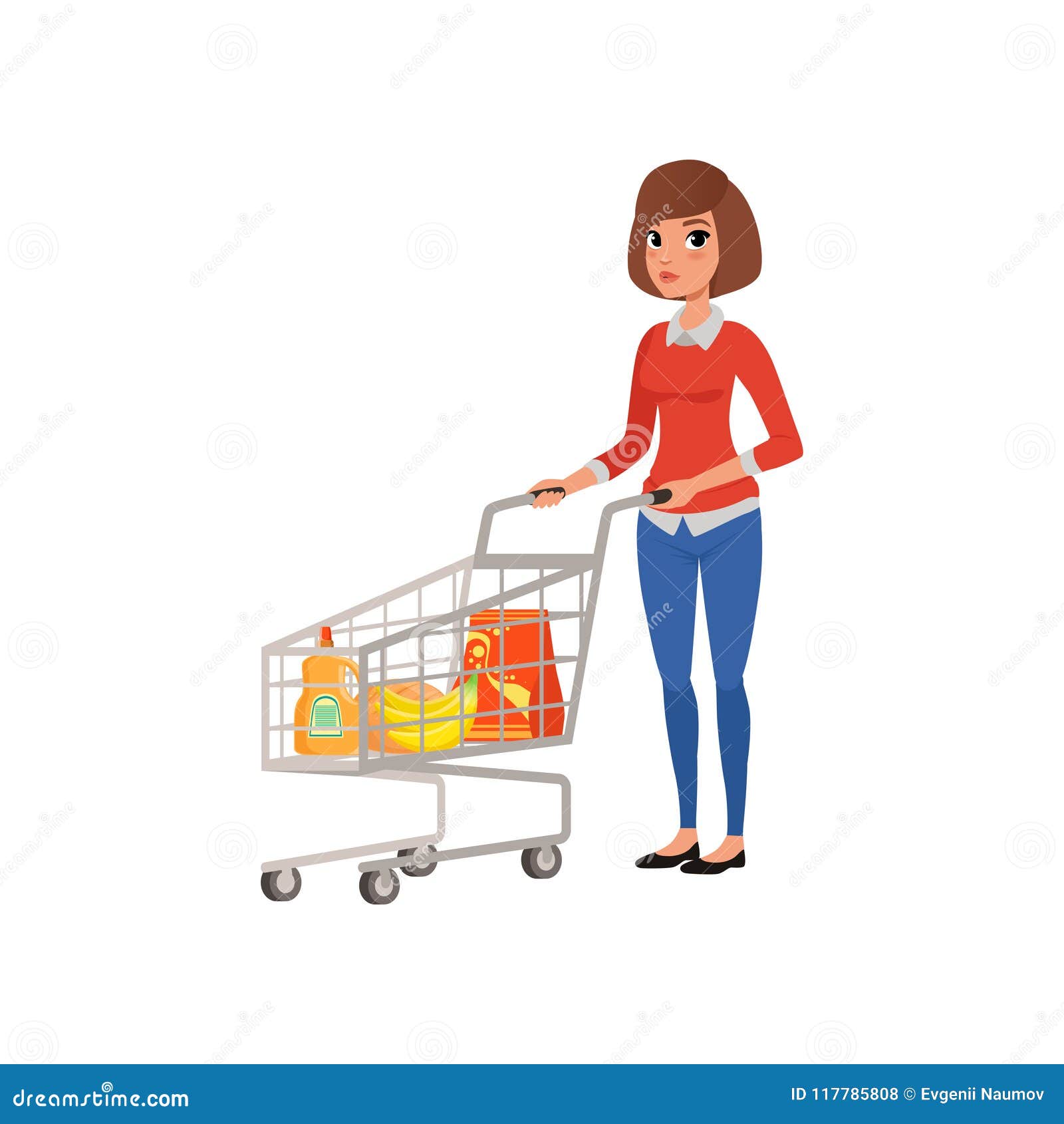 Cartoon Woman Standing Near Supermarket Cart with Products. Shopping in Grocery  Store. Young Girl in Blouse and Jeans Stock Vector - Illustration of  character, background: 117785808