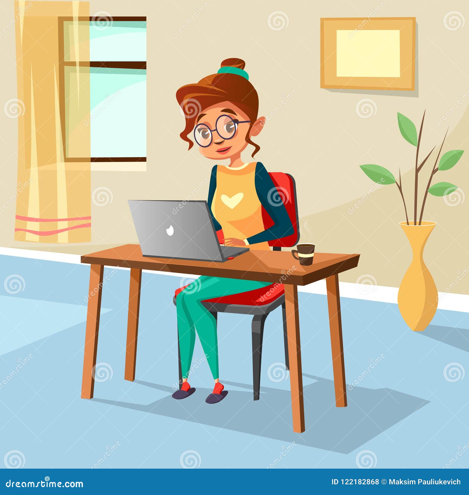Cartoon Woman Freelancer Student Laptop Stock Illustration