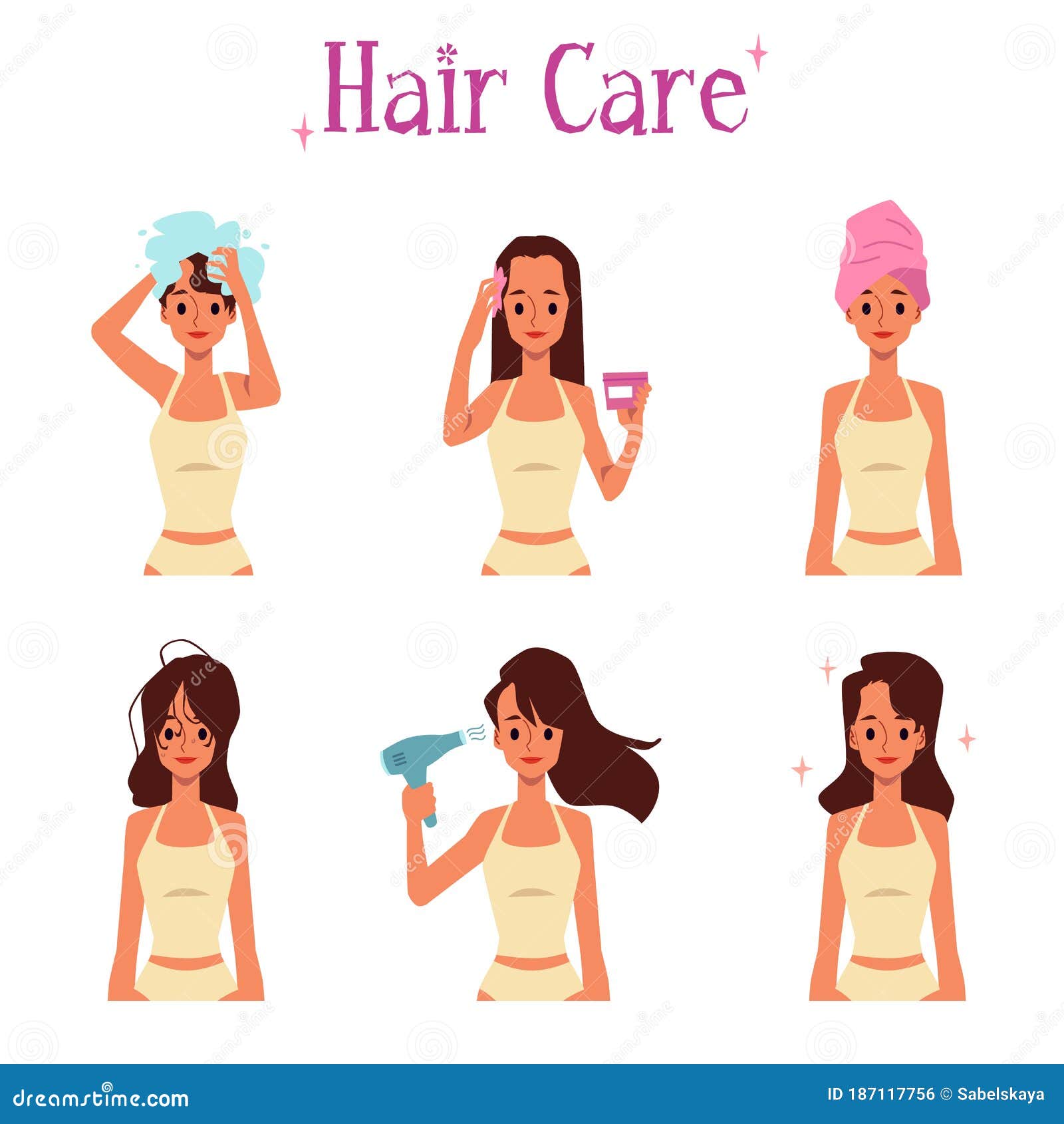 Cartoon Woman Hair Care Routine Set - Applying Shampoo, Conditioner and  Drying Stock Vector - Illustration of head, drying: 187117756