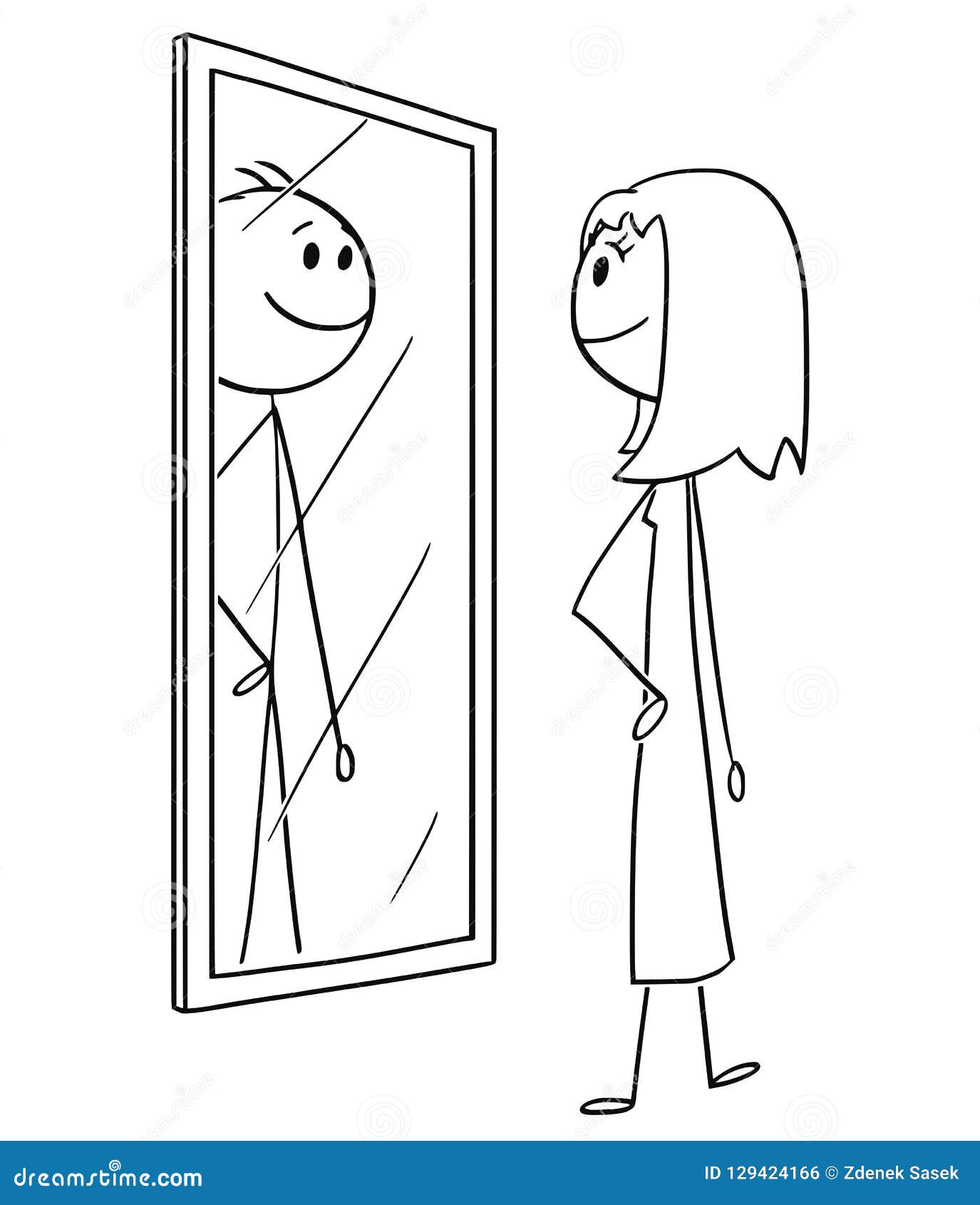 cartoon of woman looking at herself in the mirror but seeing man inside