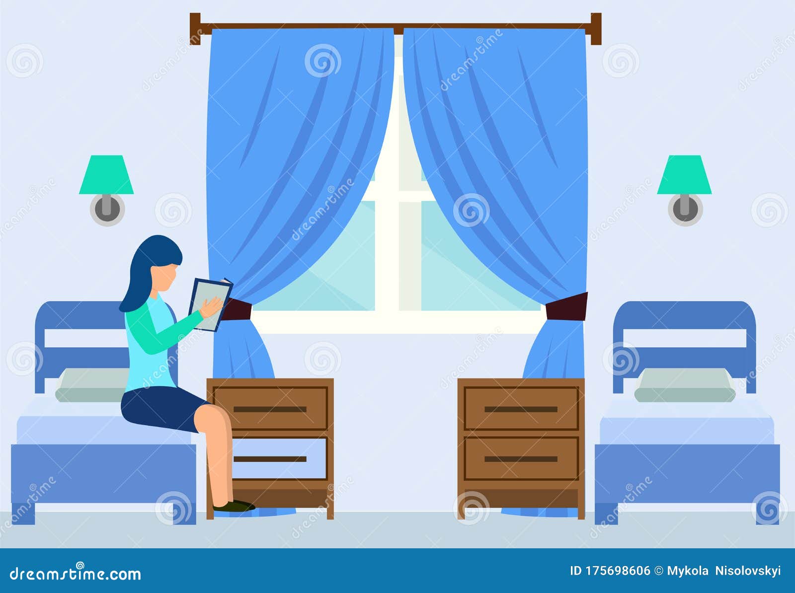Cartoon Woman Read Book in Hotel Room Twin Bed Stock Vector
