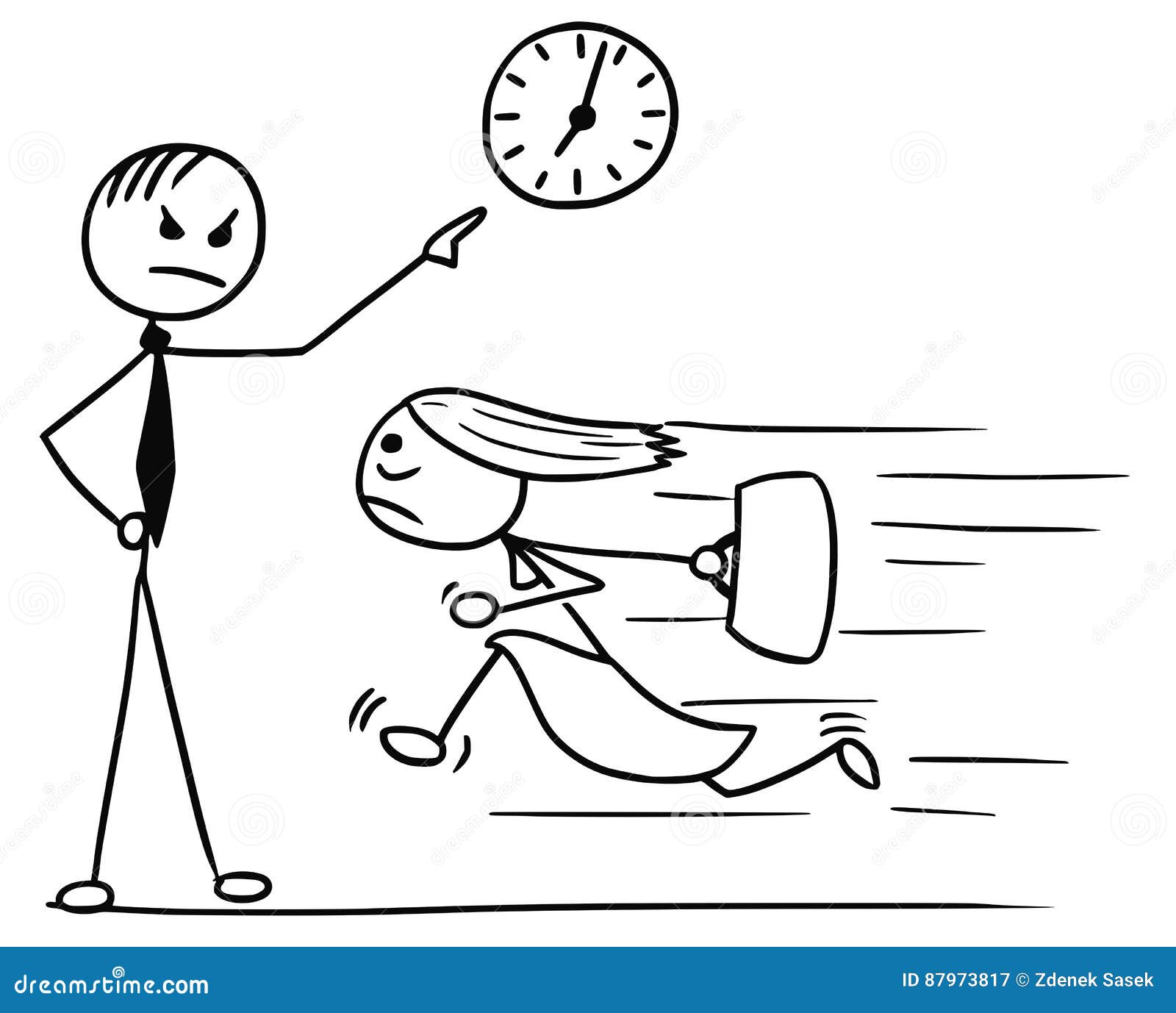 cartoon of woman running late for work and his boss pointing at