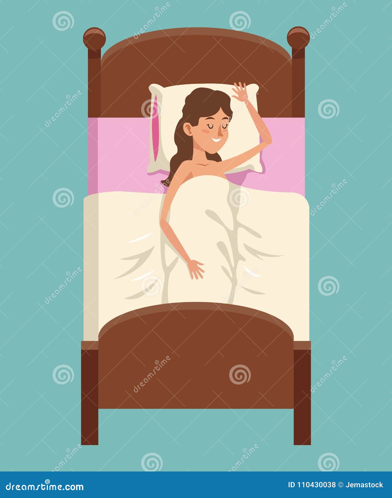 Cartoon Woman Shirtless Smile Sleeping In Bed Stock Vector