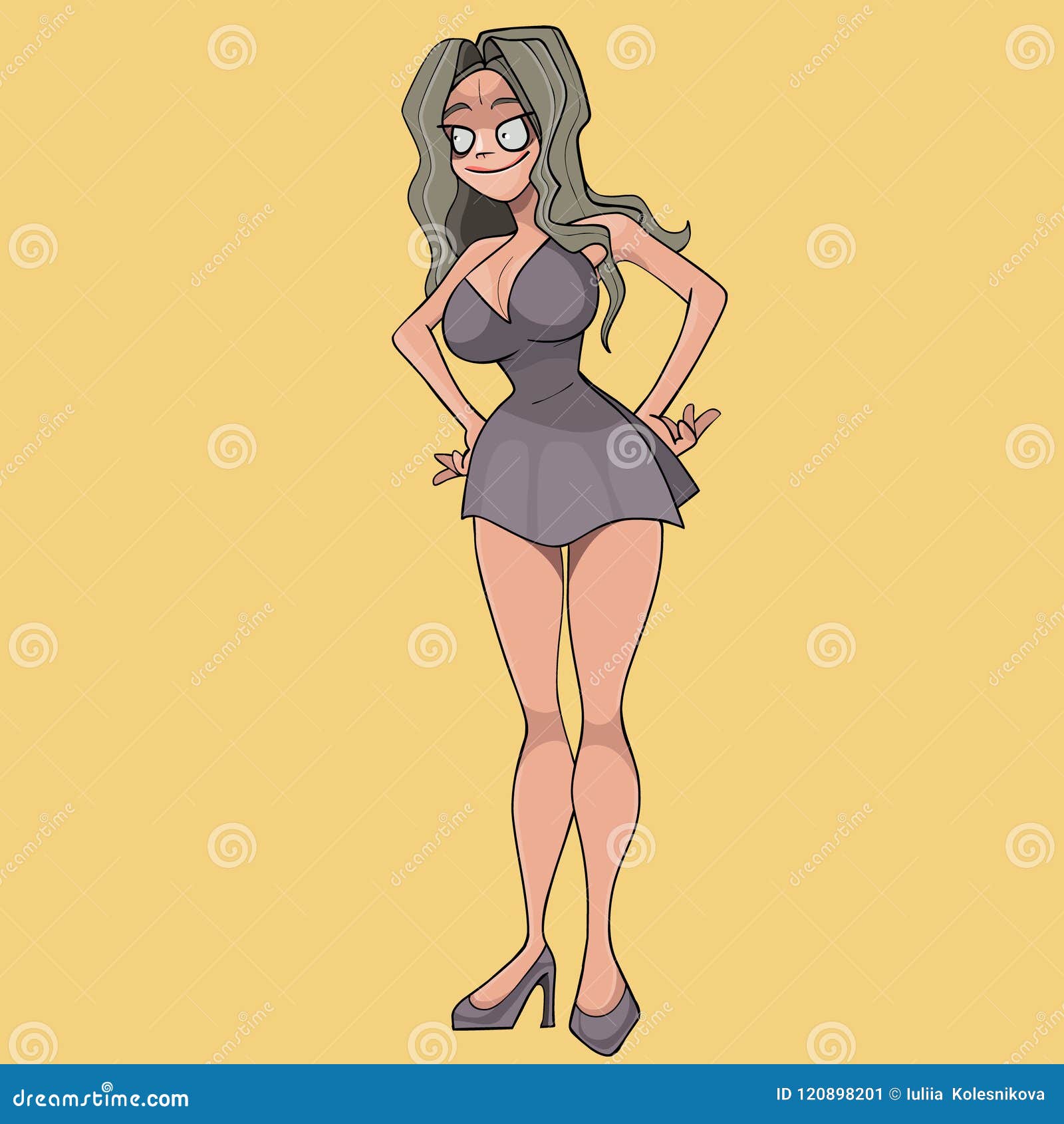 Cartoon Woman In A Short Dress Is Standing With Arms Akimbo Stock Vector Illustration Of Girl 