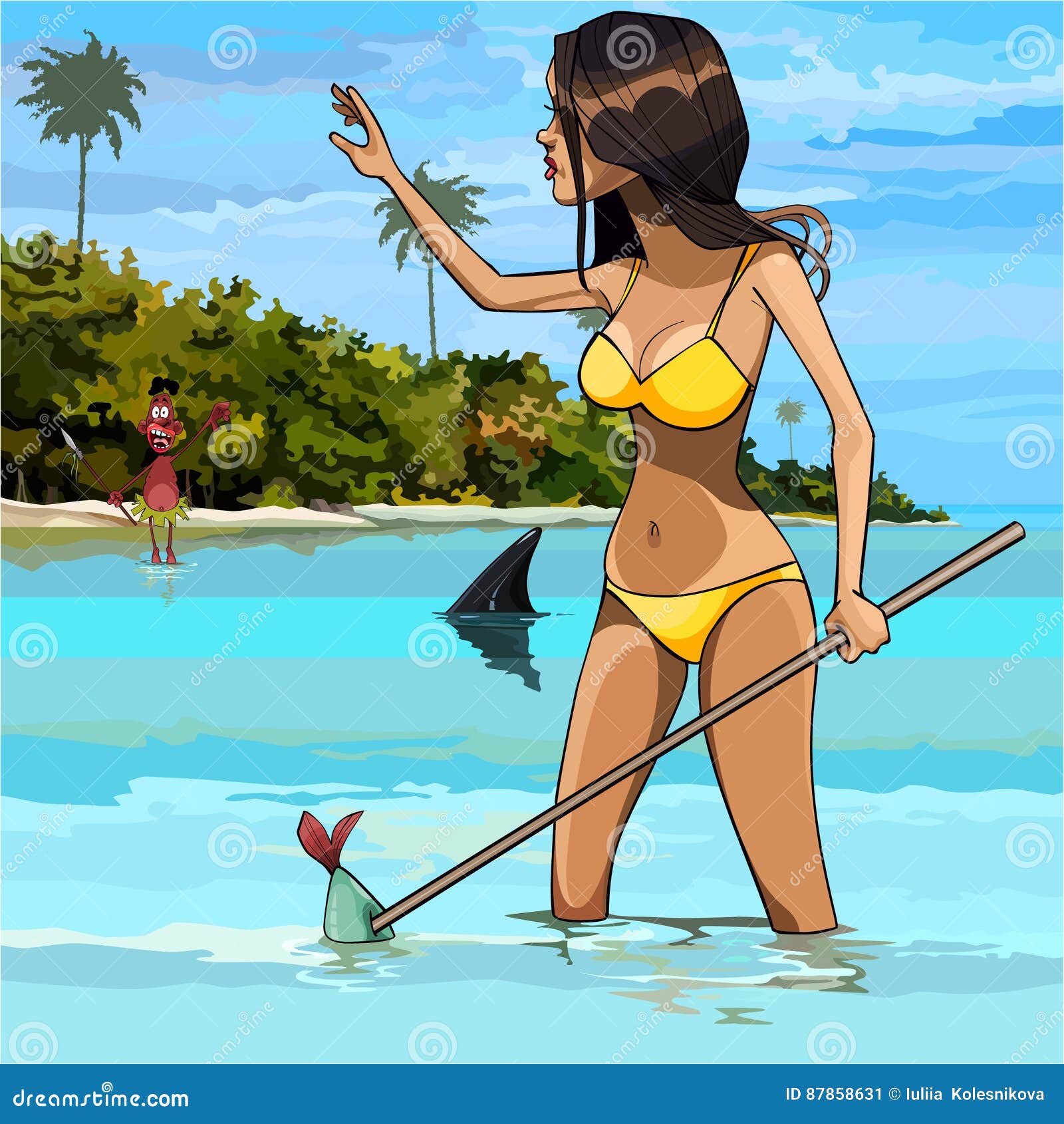 Cartoon Woman in Swimsuit Fishing in the Tropics Stock Vector -  Illustration of ocean, humor: 87858631