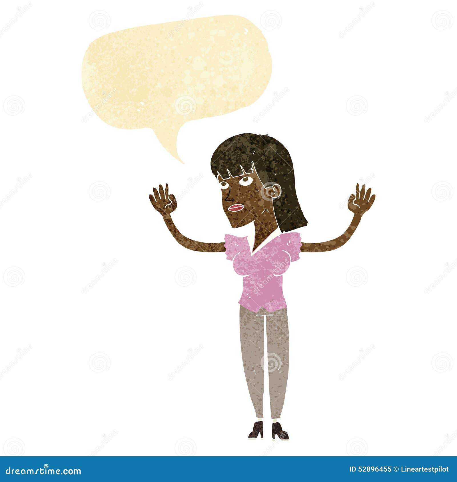 Cartoon Woman Throwing Hands in Air with Speech Bubble Stock
