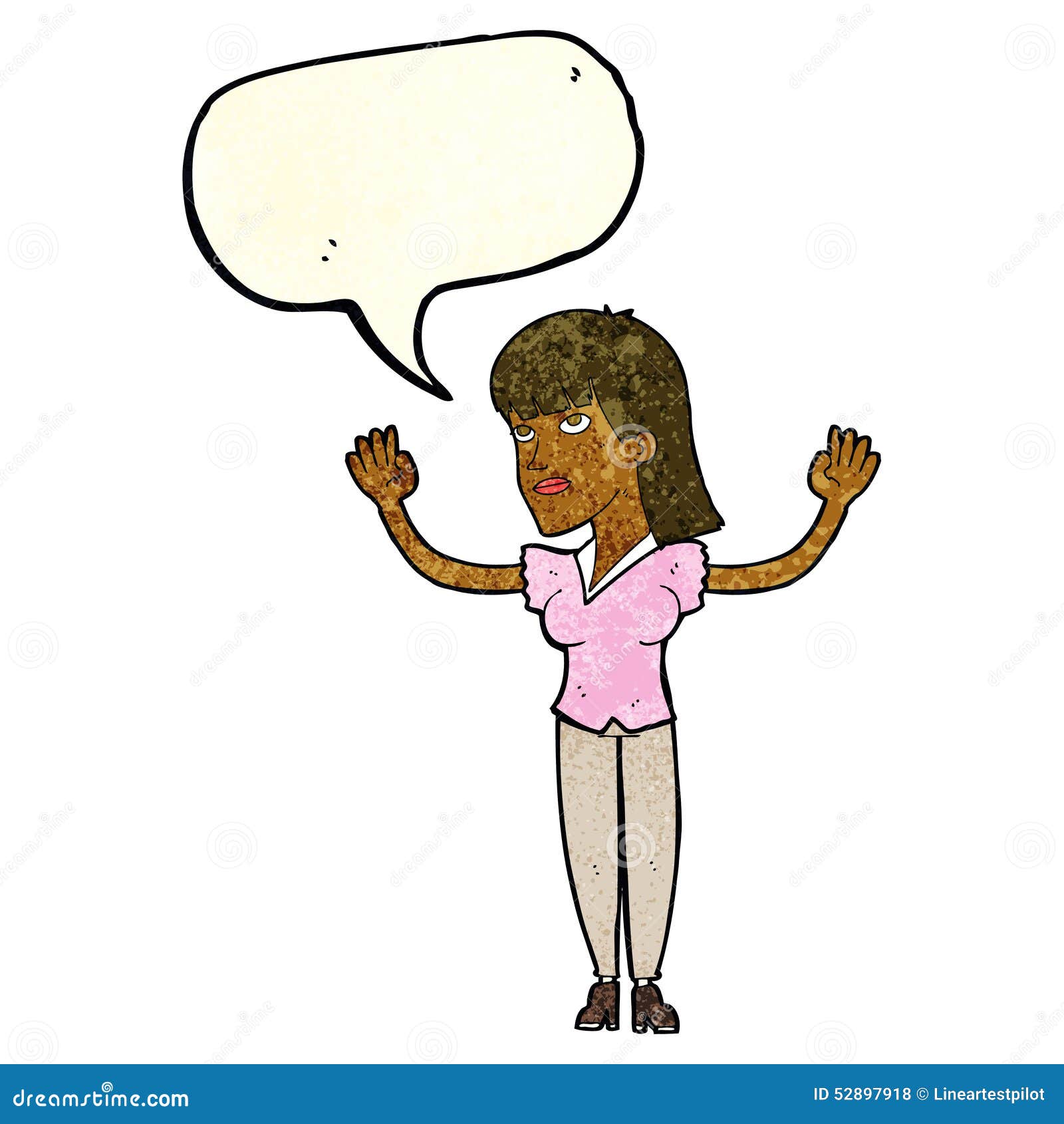 Cartoon Woman Throwing Hands in Air with Speech Bubble Stock