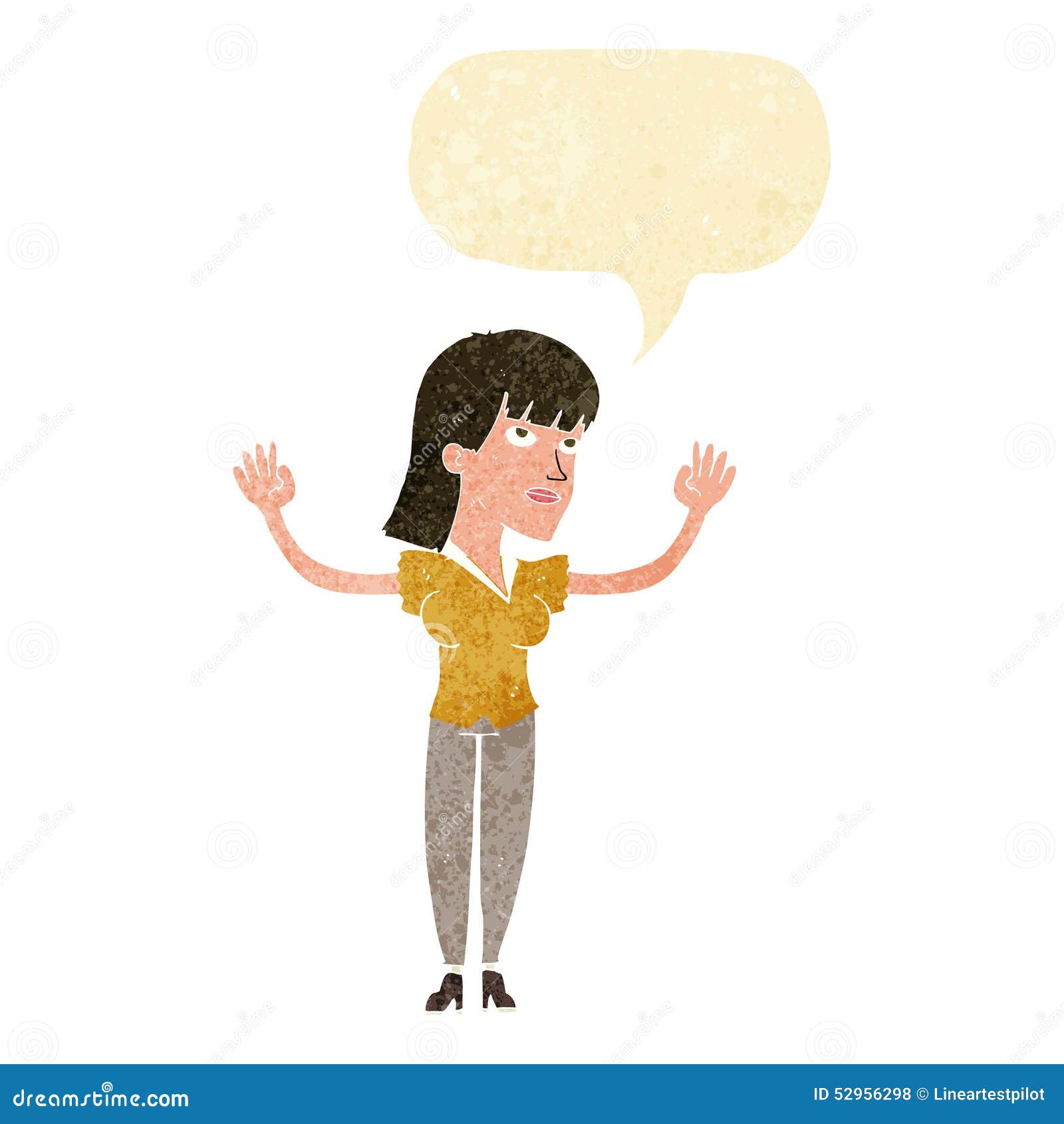 Cartoon Woman Throwing Hands in Air with Speech Bubble Stock
