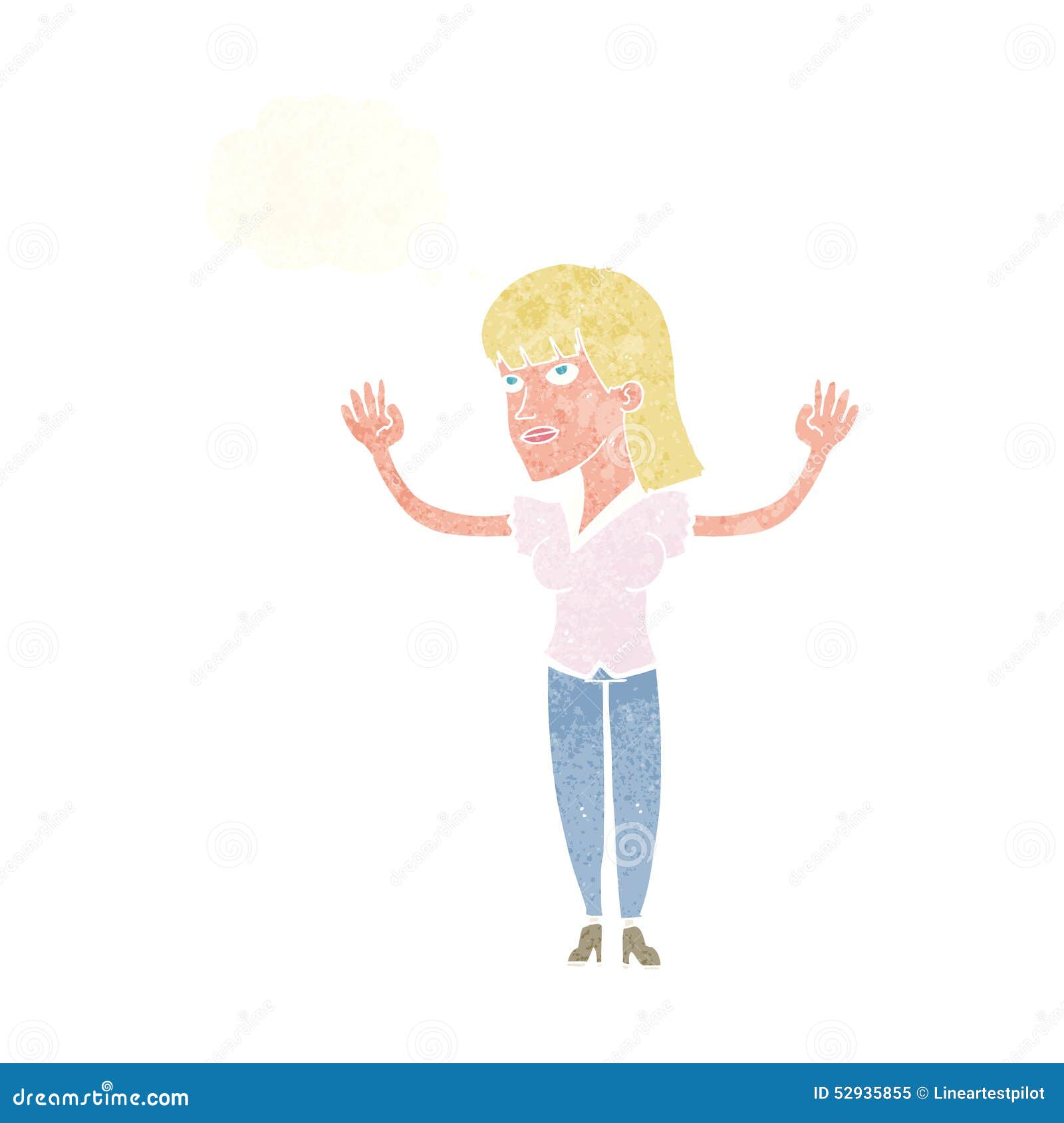 Cartoon Woman Throwing Hands in Air with Thought Bubble Stock