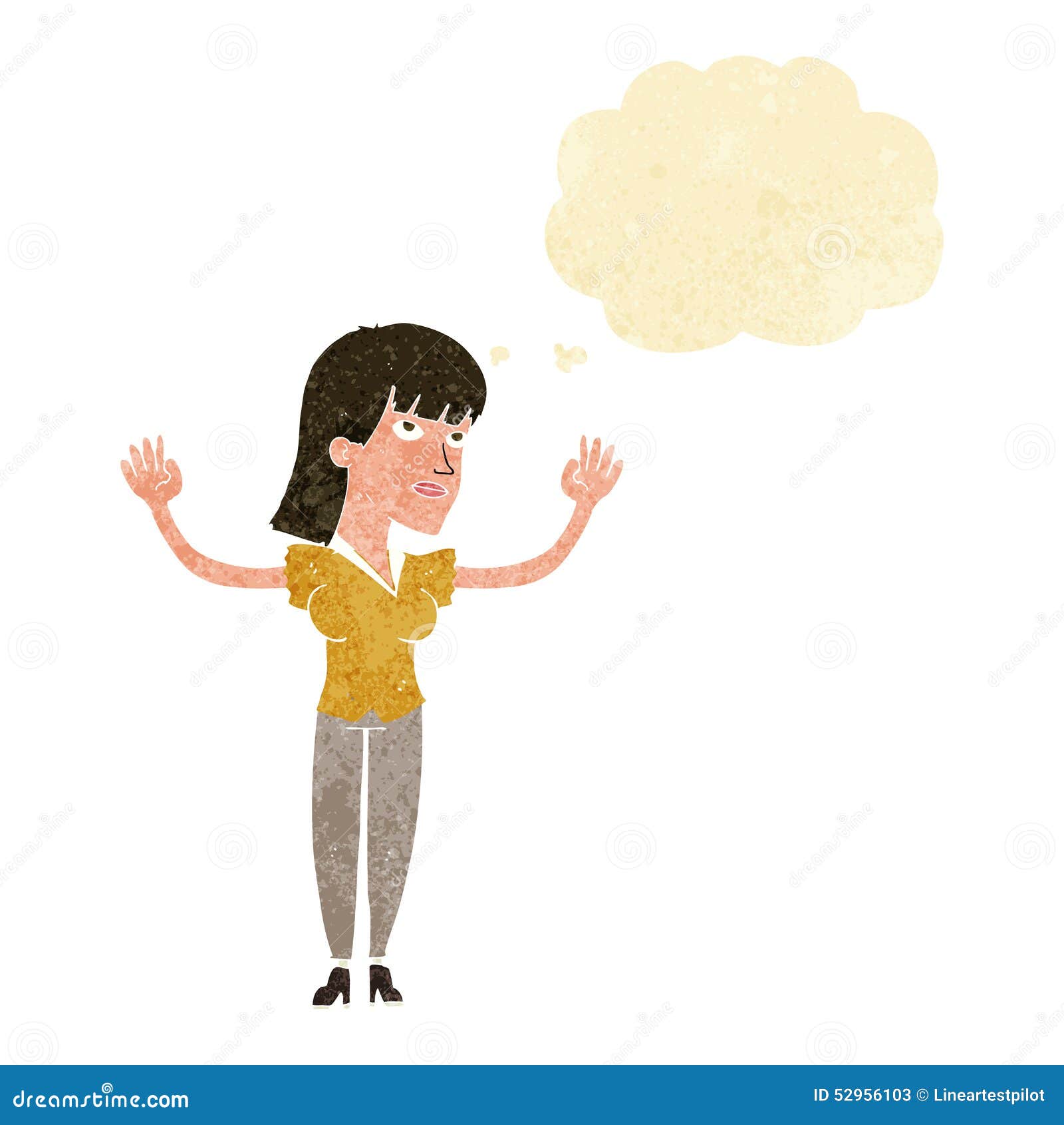 Cartoon Woman Throwing Hands in Air with Thought Bubble Stock