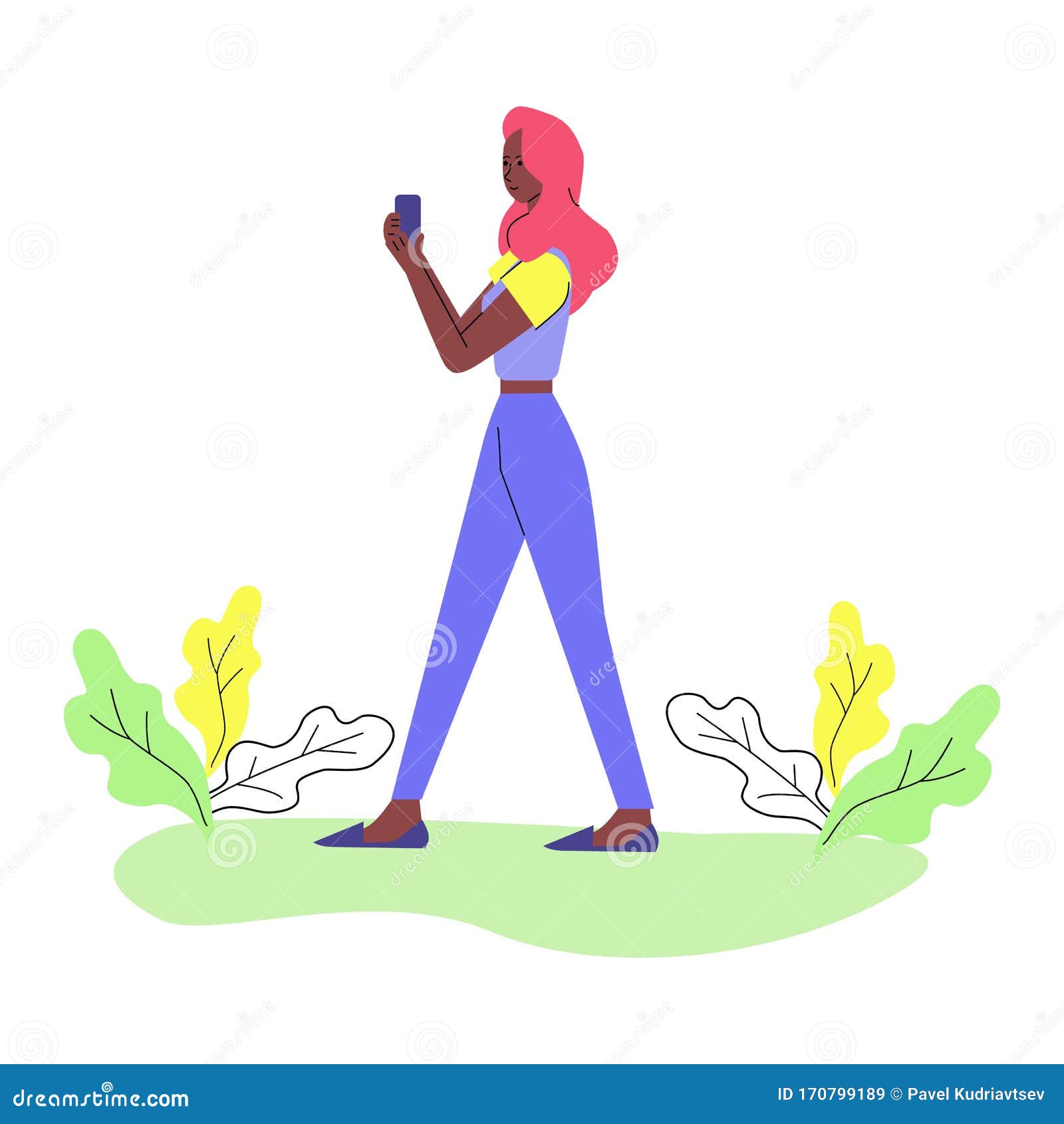 Cartoon Woman Walking in Park and Looking at Phone Screen Stock Vector -  Illustration of taking, character: 170799189