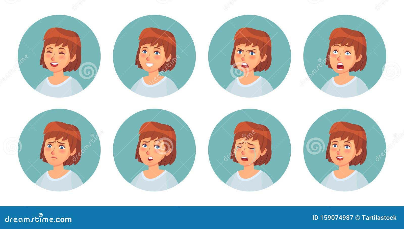 cartoon womens emotions. female character facial emotion, happy smiling woman and angry face portrait 