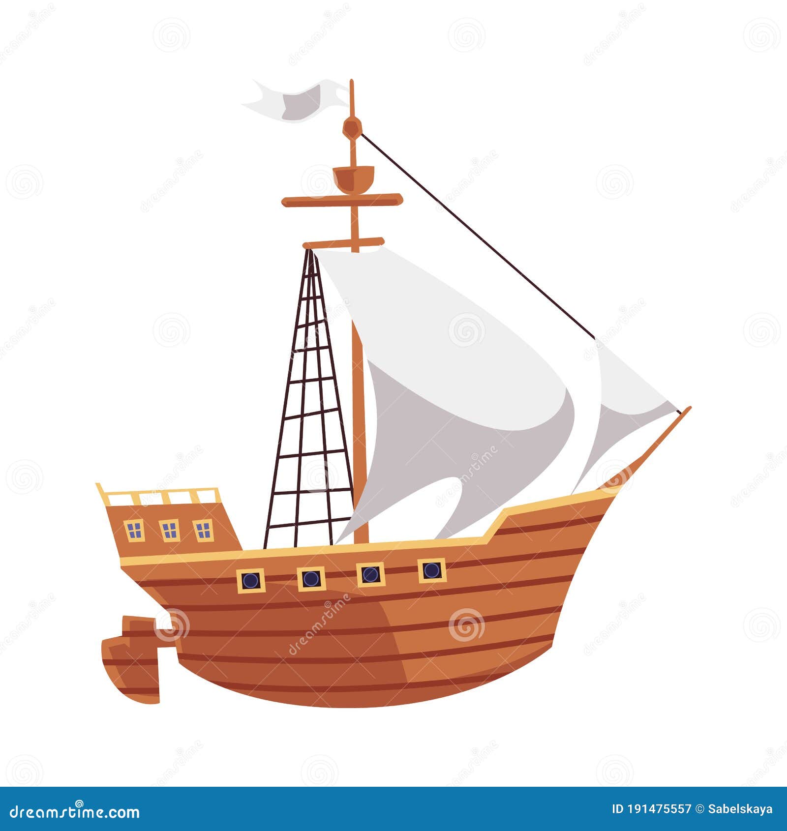 Cartoon Wooden Ship for Sea Travel with White Sails and Flag