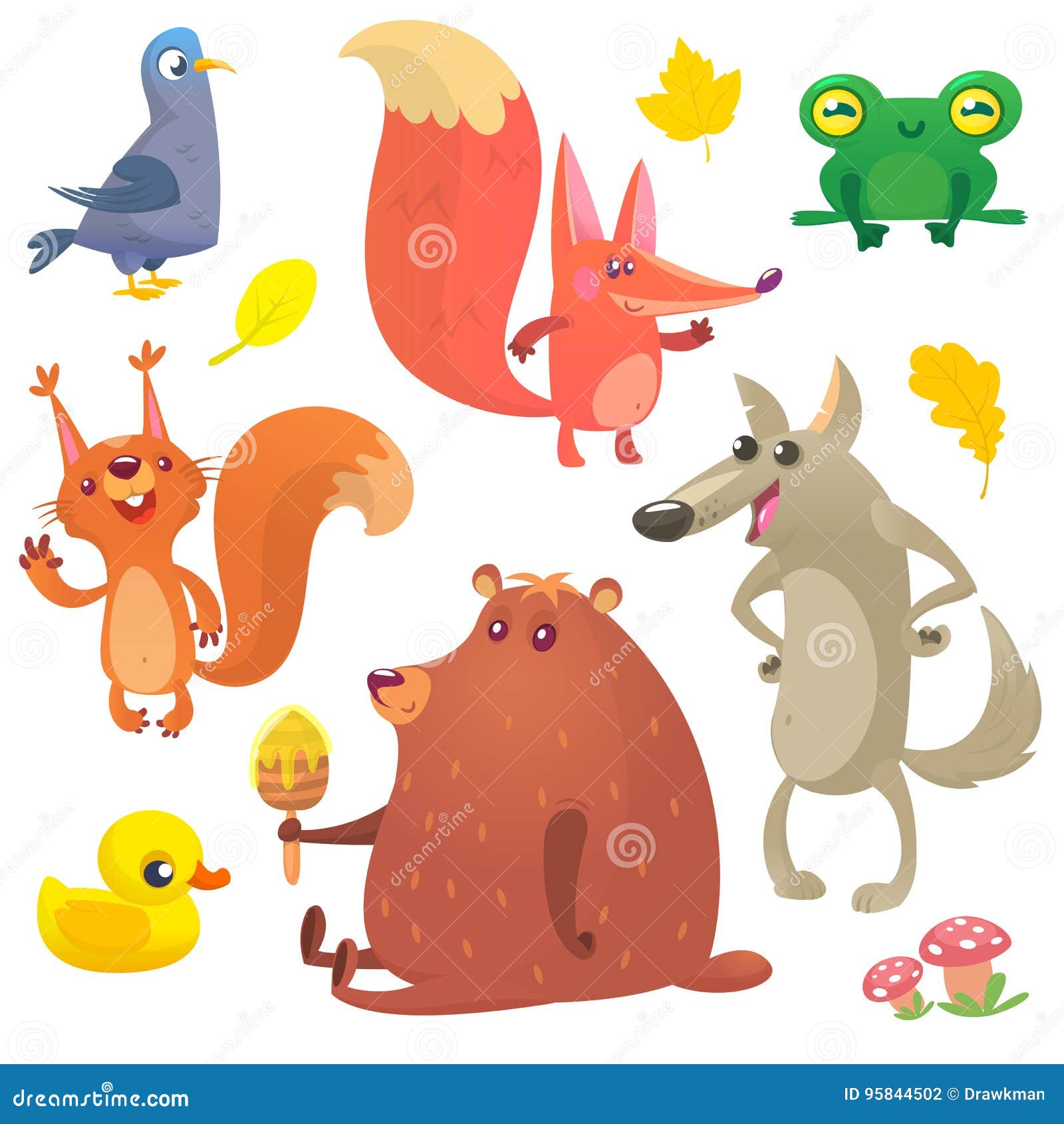Cartoon Woodland Animals Set. Vector Illustration of Pigeon, Fox, Frog,  Squirrel, Duck, Bear and Wolf Stock Vector - Illustration of hygiene,  autumn: 95844502