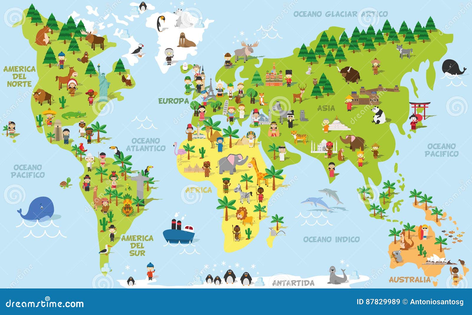 cartoon world map with children, animals and monuments  