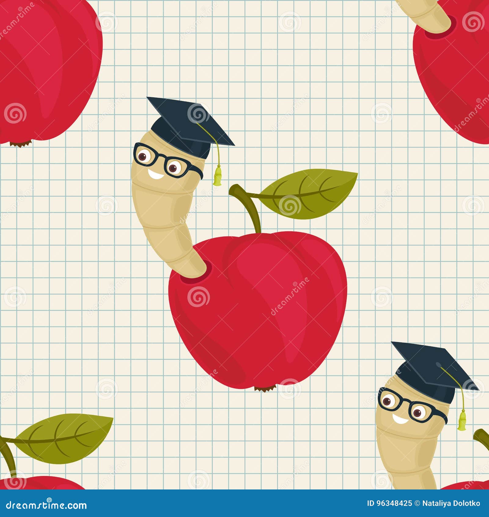 cartoon worm in alumni hat and glasses peeking from a read apple