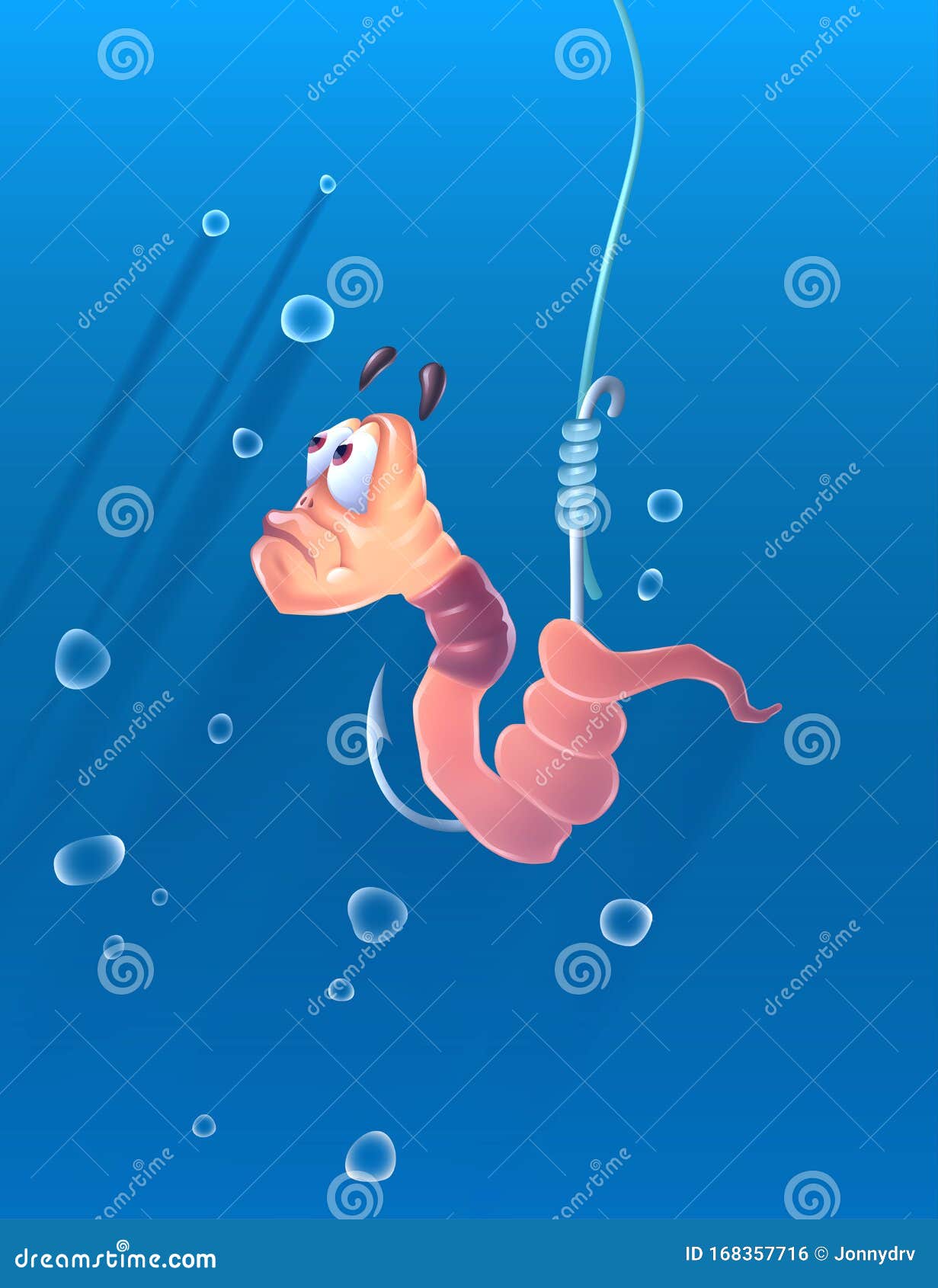 Cartoon Worm on a Fish Hook Under Water with Air Bubbles Over Blue