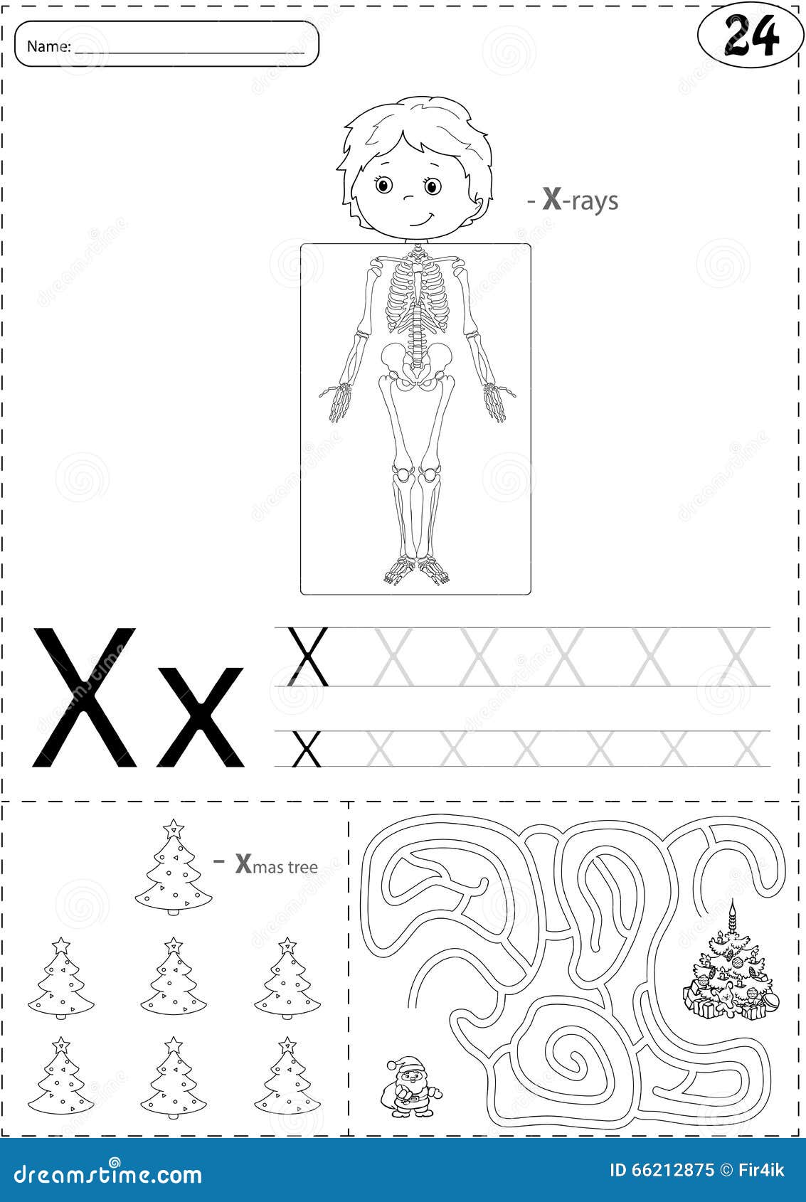 cartoon x-rays sceleton and xmas tree with santa. alphabet traci
