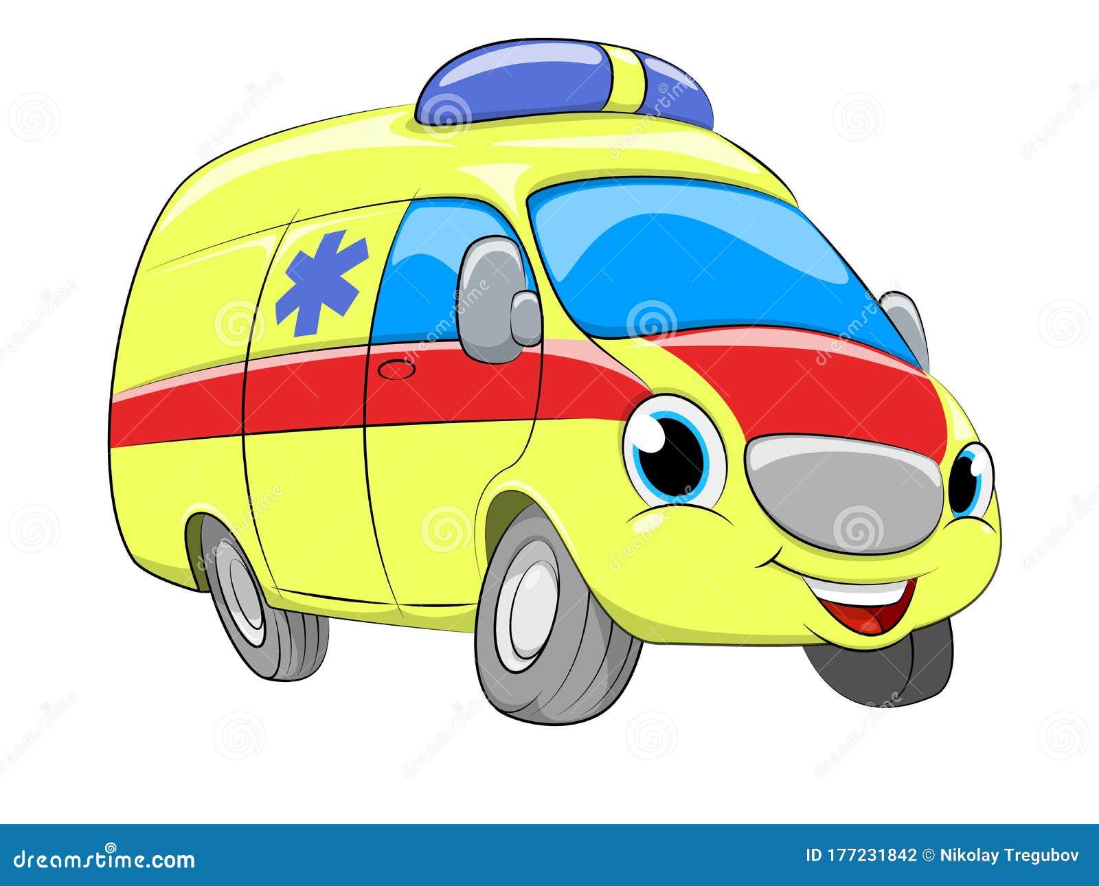 Cartoon Yellow Ambulance Car. Funny Cartoon Yellow Car. Vector  Illustration. Stock Vector - Illustration of flasher, icon: 177231842