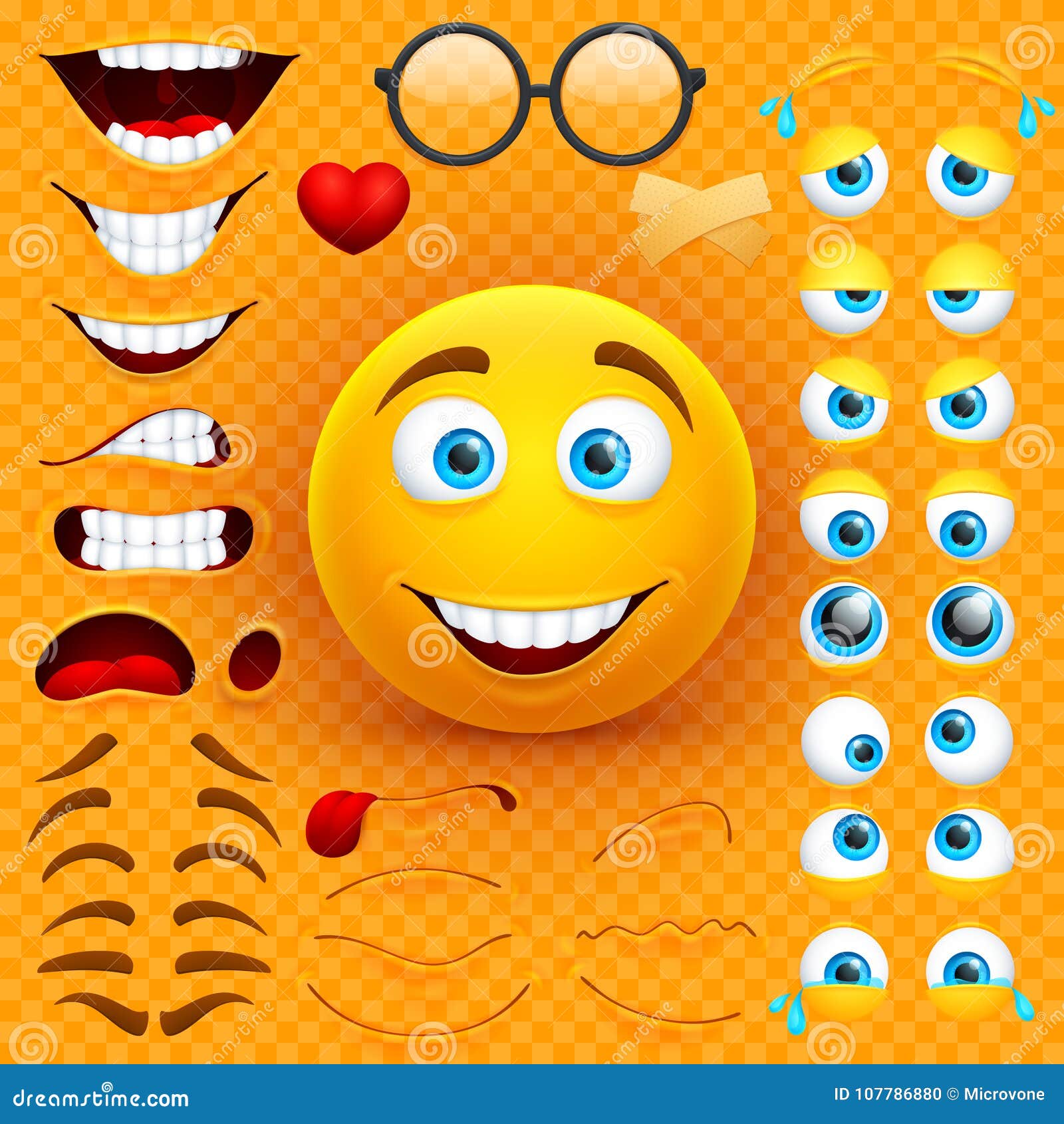 cartoon yellow 3d smiley face  character creation constructor. emoji with emotions, eyes and mouthes set