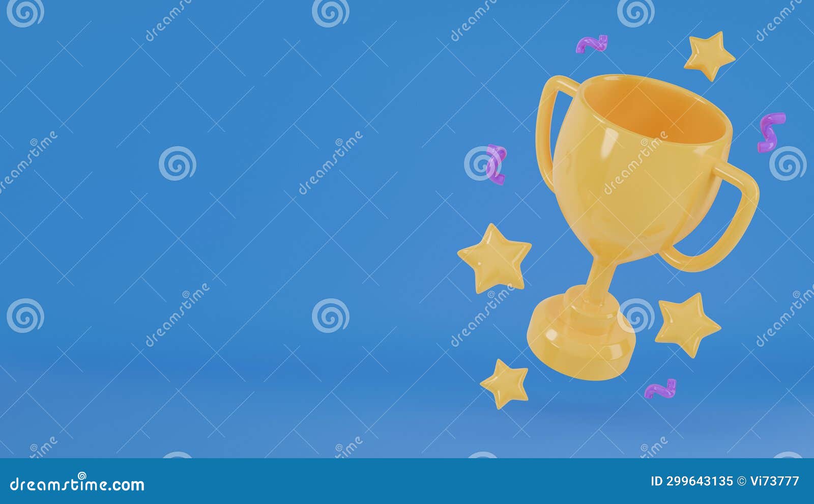 cartoon yellow winner cup with stars and confetti on blue background. trophy awards. 3d rendering.