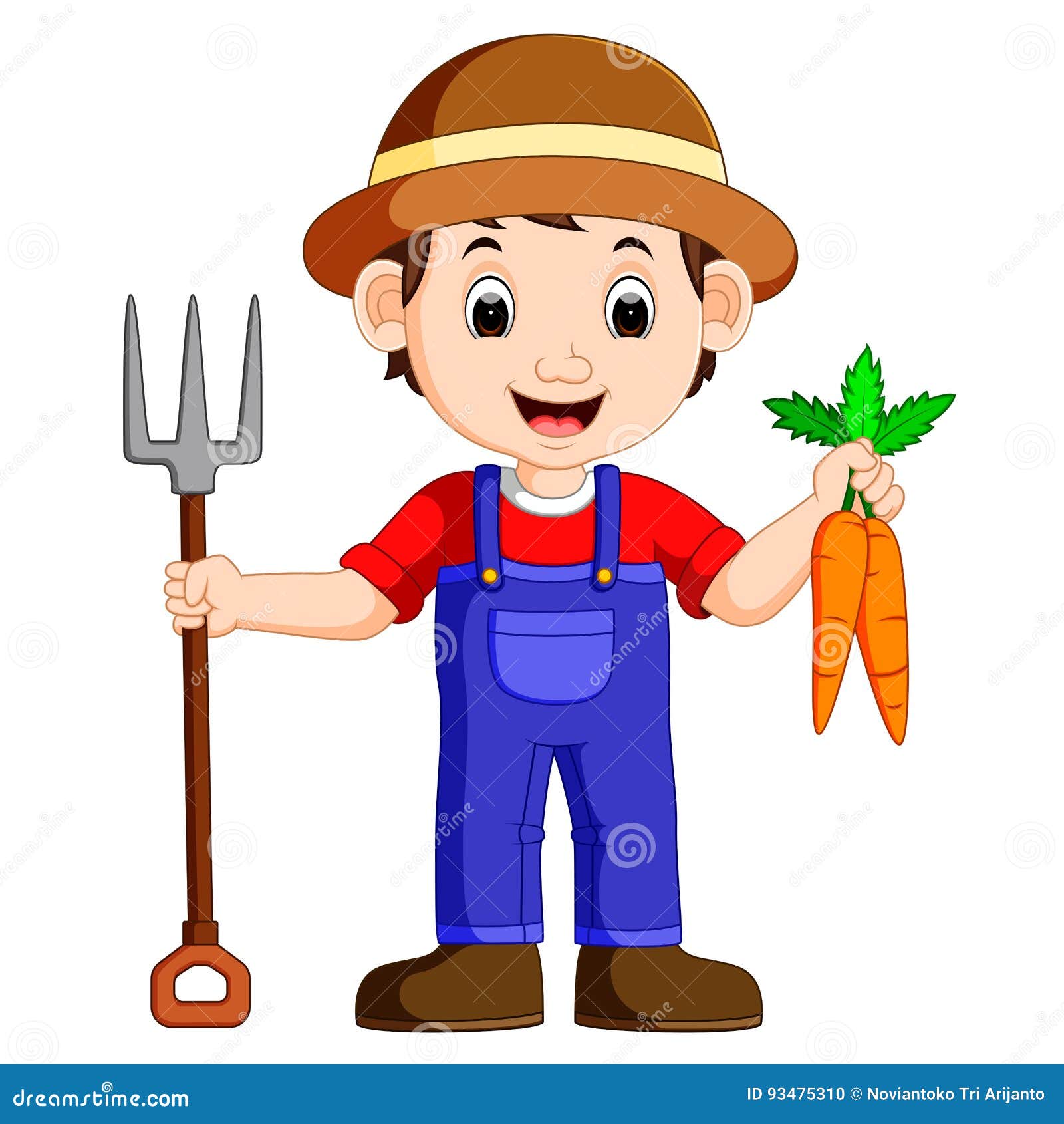 cartoon young farmer holding rake