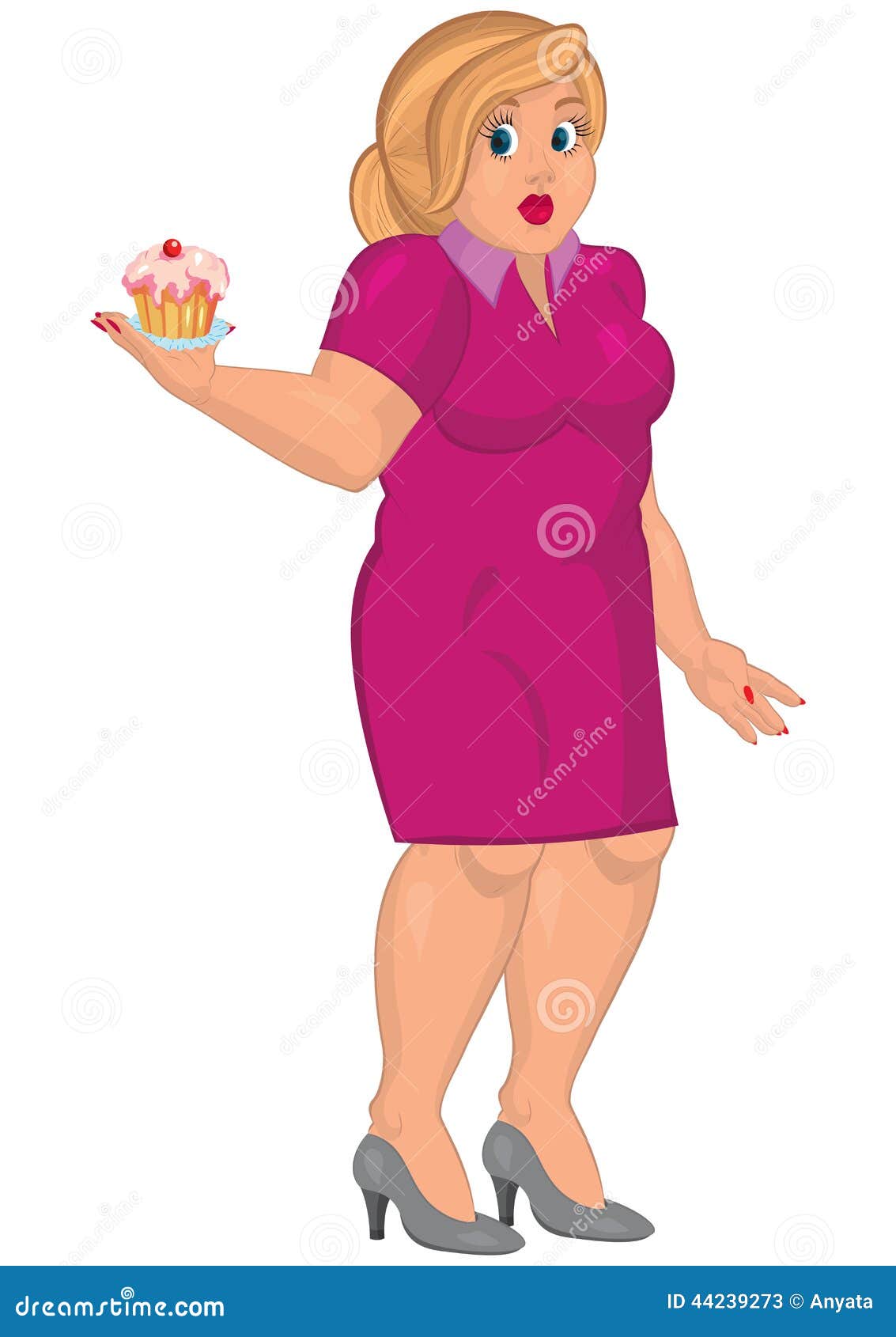 Cartoon Young Fat Woman In Pink Dress Holding Capcake Stock Vector Illustration Of Retro Funny 44239273