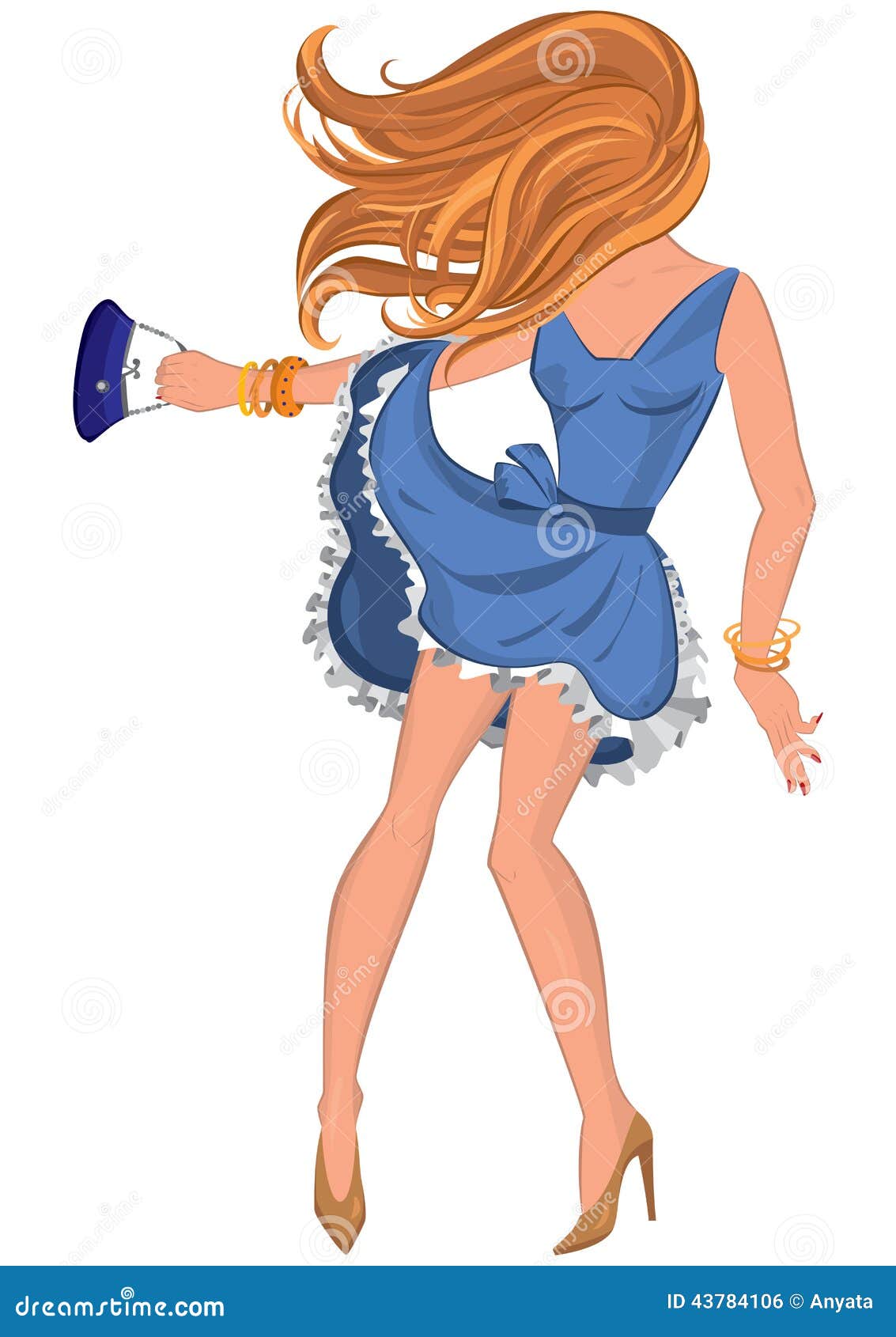 Cartoon Young Woman In Blue Dress With Hair Blown By Wind Stock Vector