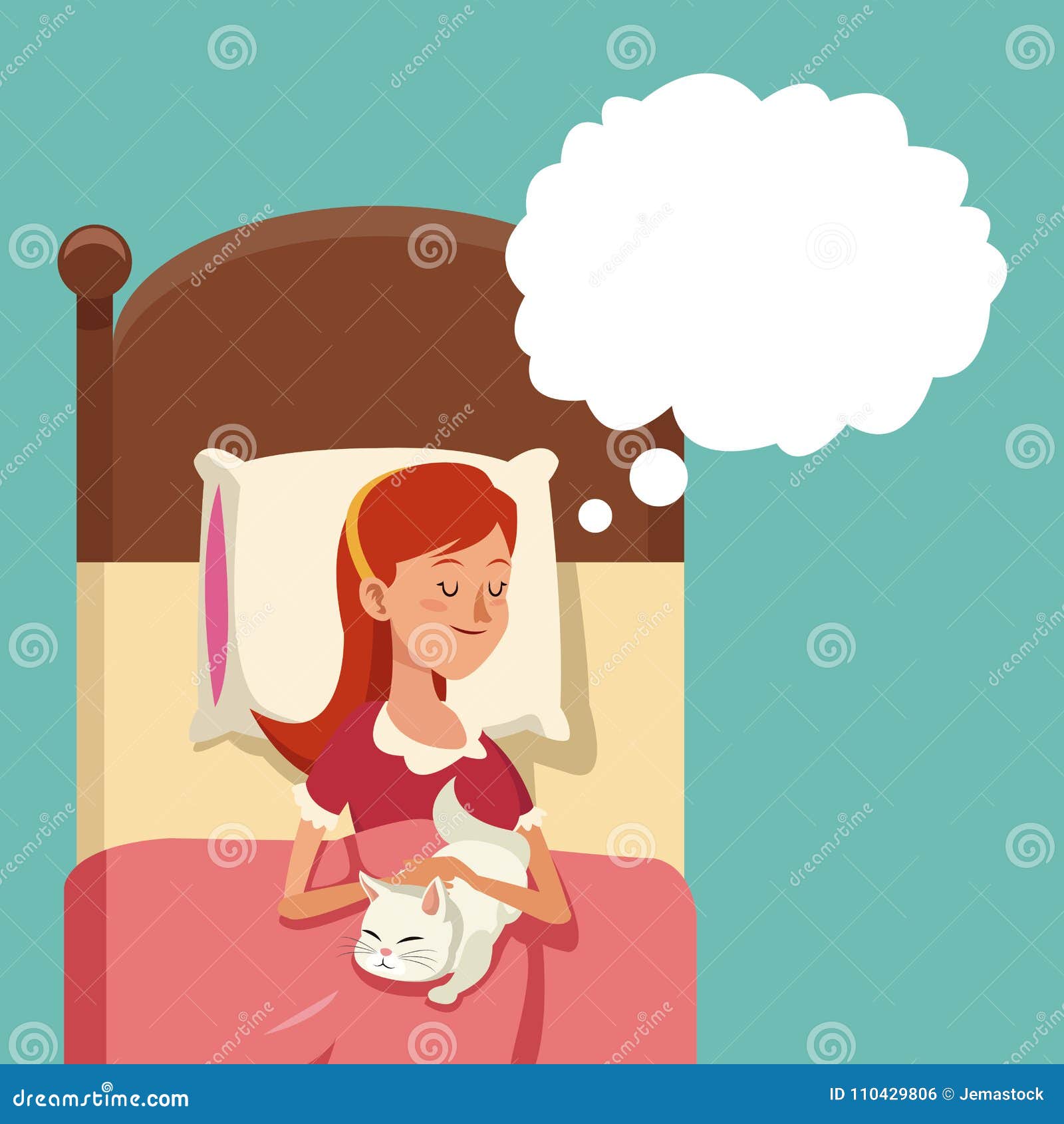 Cartoon Young Woman Sleeping in Bed Hug Cat Stock Vector - Illustration ...