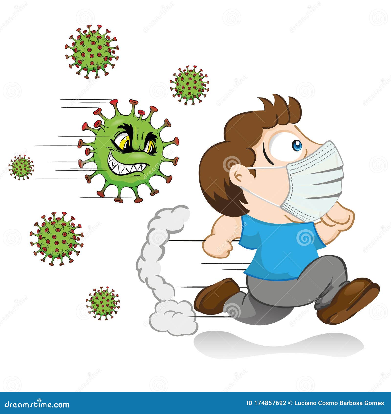 cartoon yuyu person with mask running scared of a virus corona