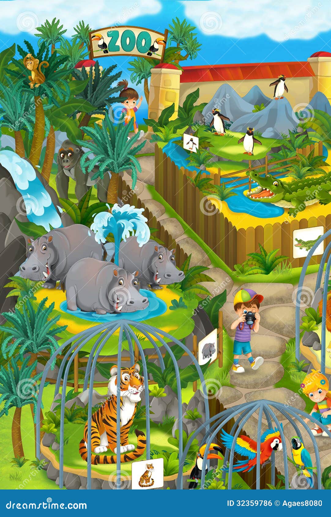 Cartoon Zoo - Amusement Park - Illustration for the Children Stock  Illustration - Illustration of monkey, palm: 32359786