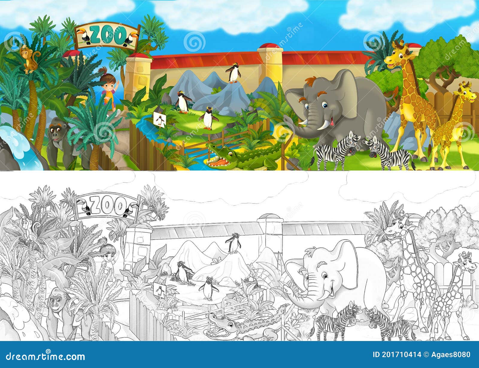 Cartoon Zoo Scene with Sketch Amusement Park Illustration Stock  Illustration - Illustration of animal, hippo: 201710414