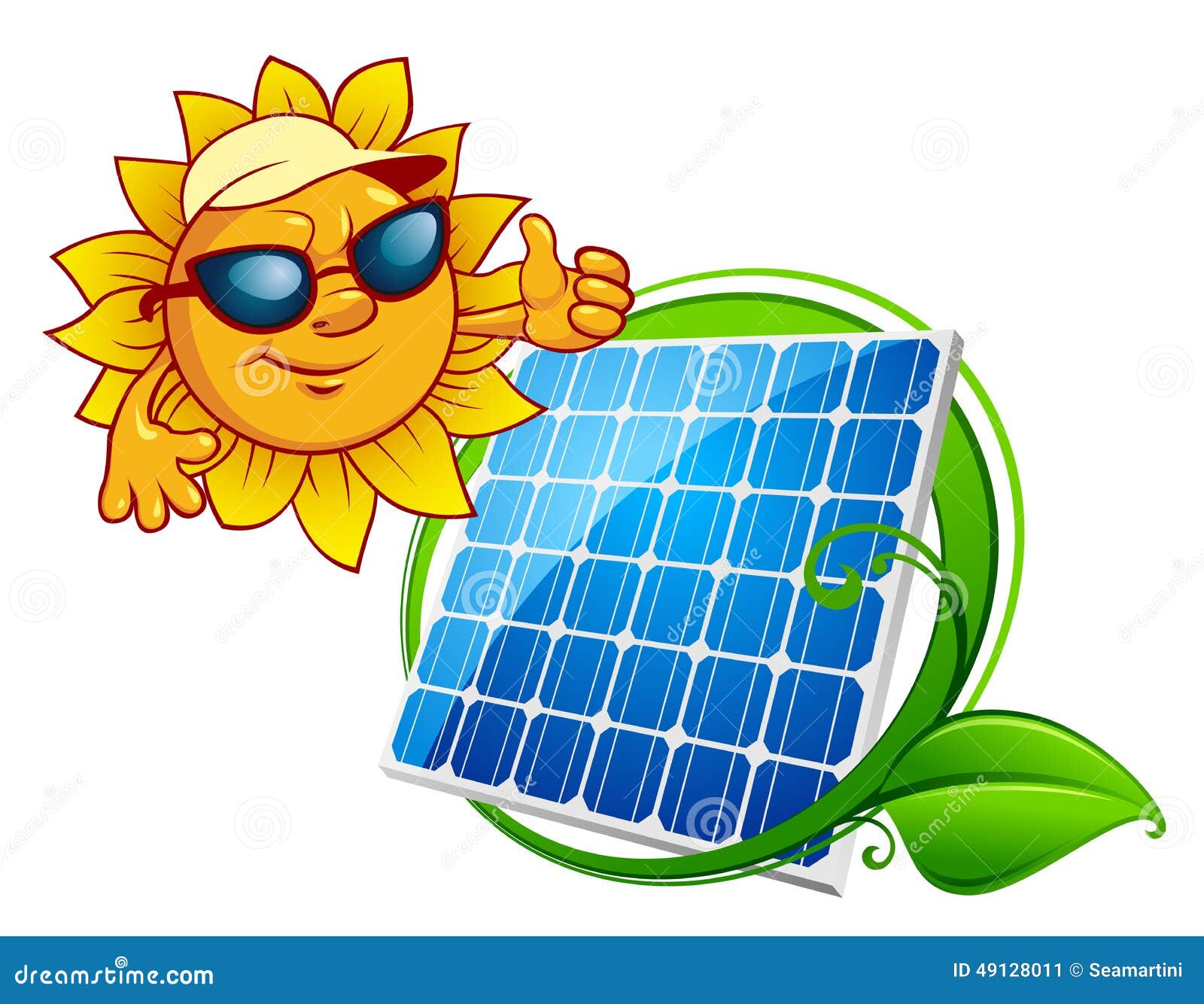 Solar energy panel bordered green stem with leaves and smiling sun in 