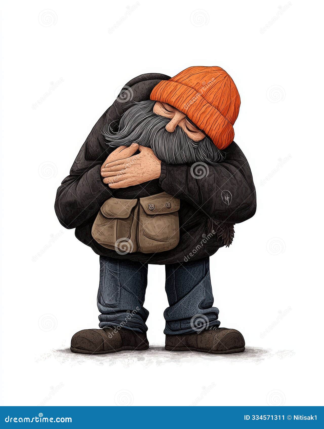 a cartoonish  of a warmhearted man wearing an orange beanie showing a cozy caring gesture against cold weather