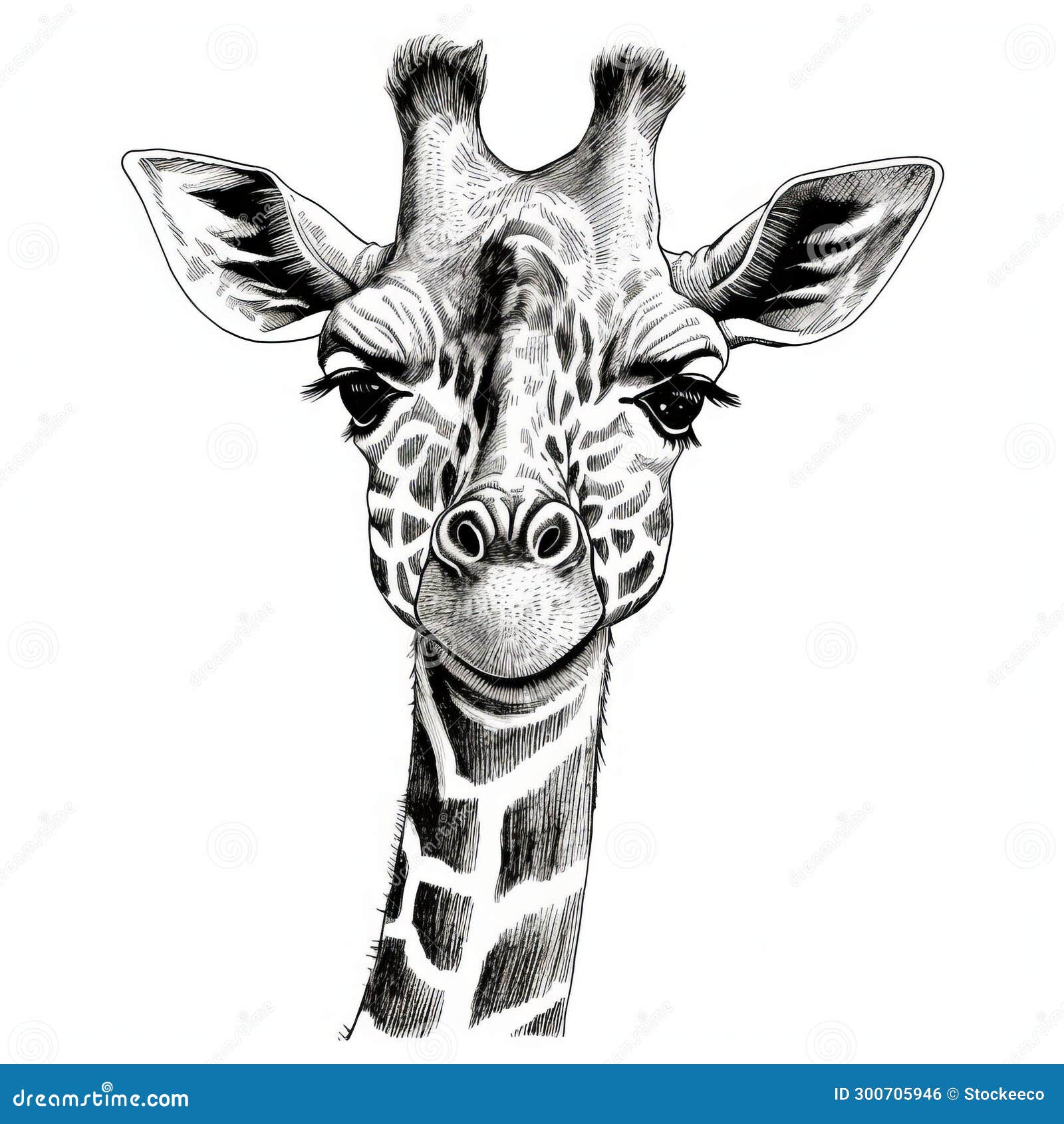 Cartoonish Innocence: Detailed Black And White Giraffe Drawing Stock
