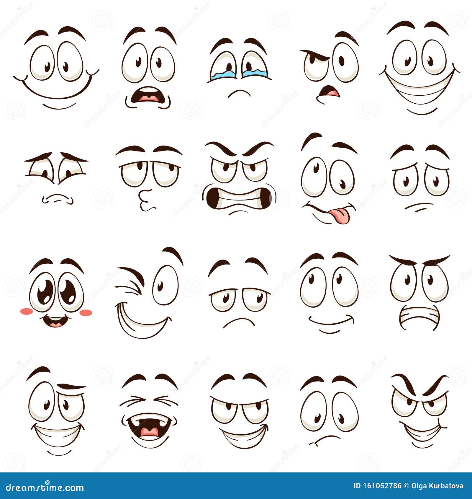 coleção de rostos de desenhos animados desenhados à mão. olhos expressivos  e boca, sorrindo, chorando e