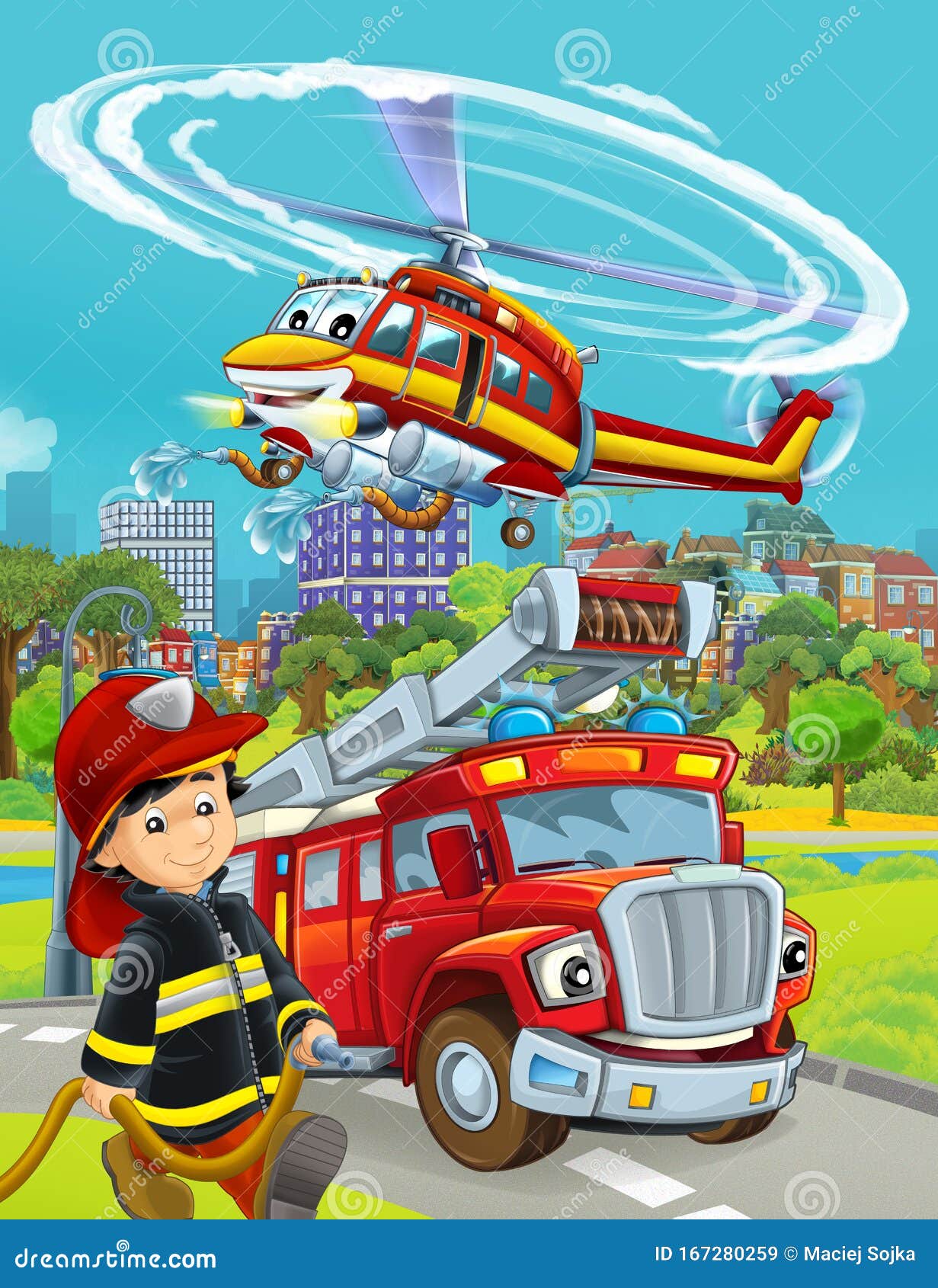 Cartoonscène Met Een Auto Van De Brandweer Op Weg En Een Brandweerman En Een Vliegende Helikopter - Illustratie Voor Kinderen Stock Illustratie - Illustration of noodsituatie, ontwerp: 167280259