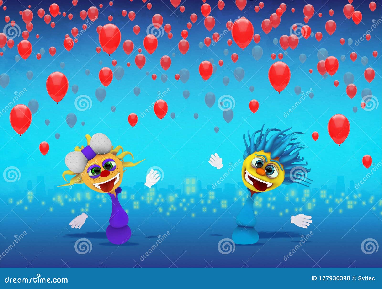 Cartoony Characters and Red Balloons Illustration Stock Illustration