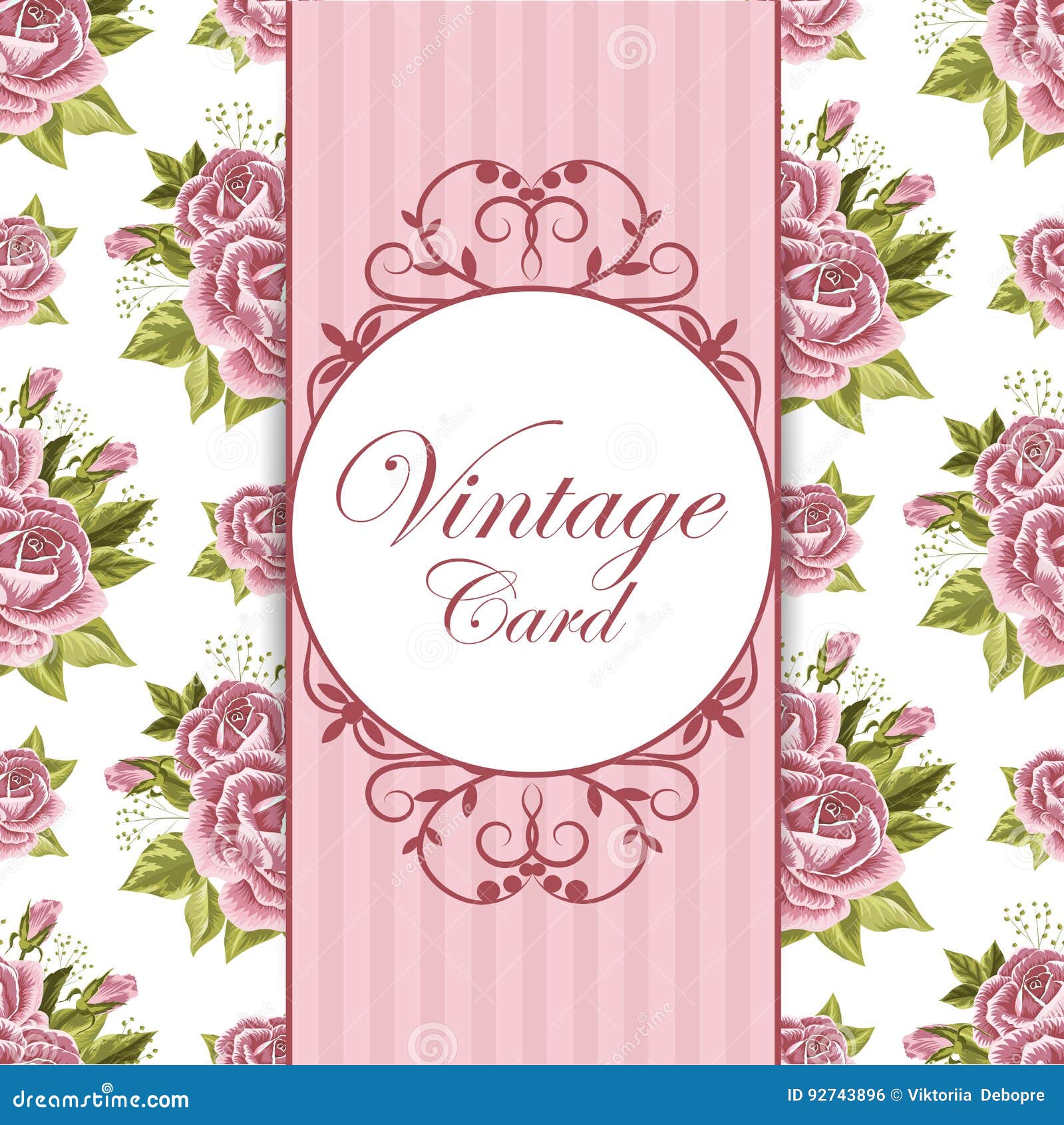 Cartão bonito do vintage. Vector a ilustração de um quadro do vintage no fundo floral e listrado para convites e cartões de aniversário