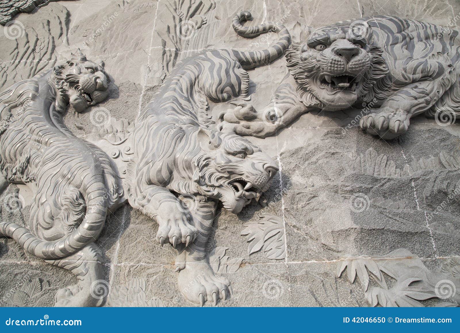 The Carved Stone of Chinese Temple and Tiger Statue Stock Photo Image