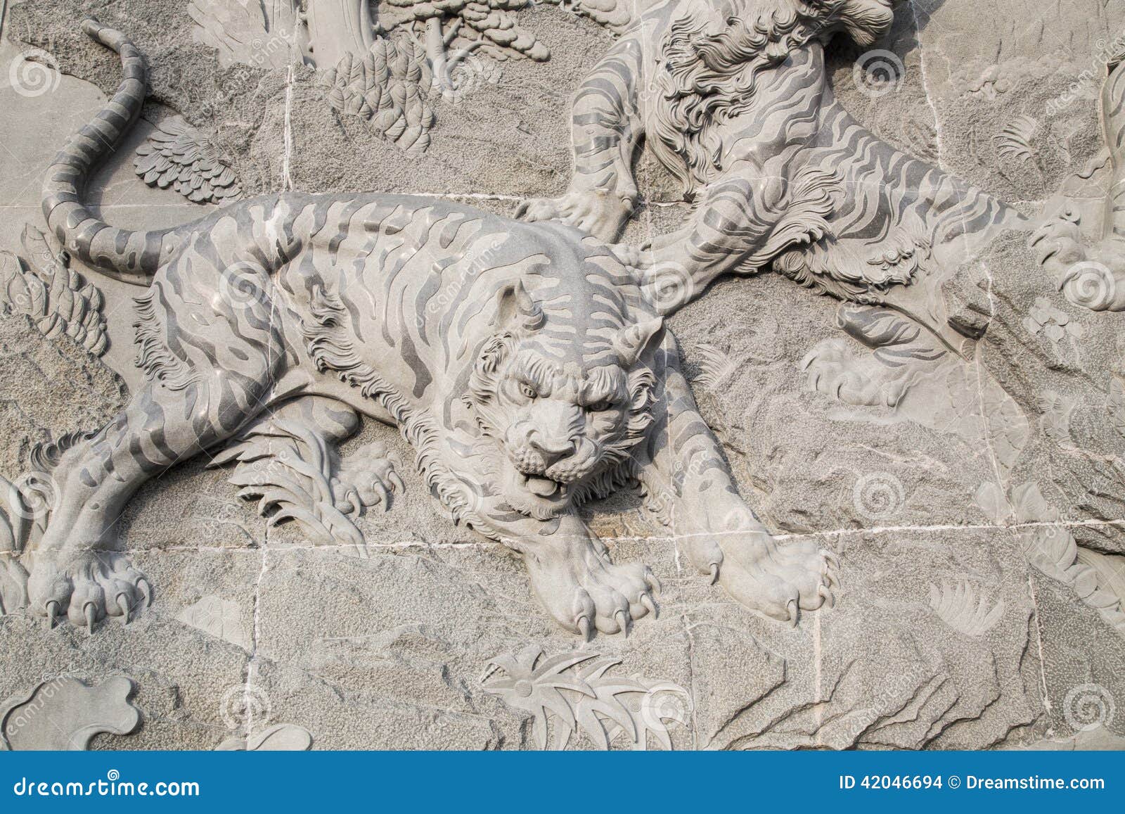 The Carved Stone of Chinese Temple and Tiger Statue Stock Photo Image