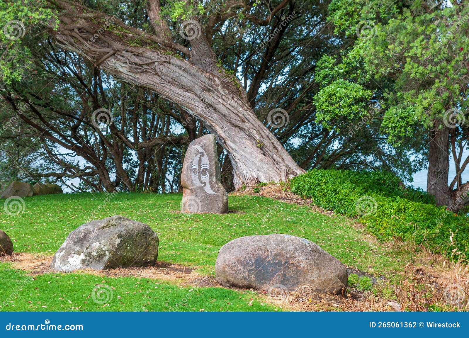 Carved Stone Statue on the Grassy Lawn in Front of a Pohutukawa Tree