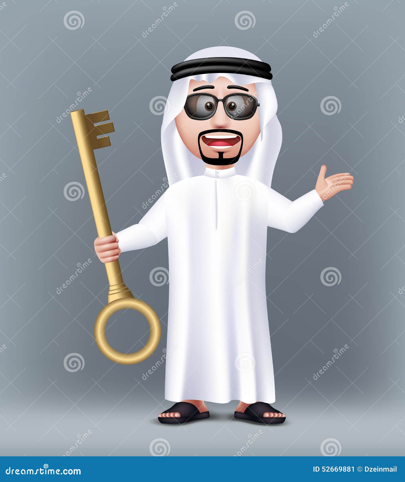 Carácter de Arabia Saudita hermoso realista del hombre 3D que lleva la ropa tradicional que lleva a cabo la llave de oro para la casa o el coche con las gafas de sol Ilustración Editable del vector