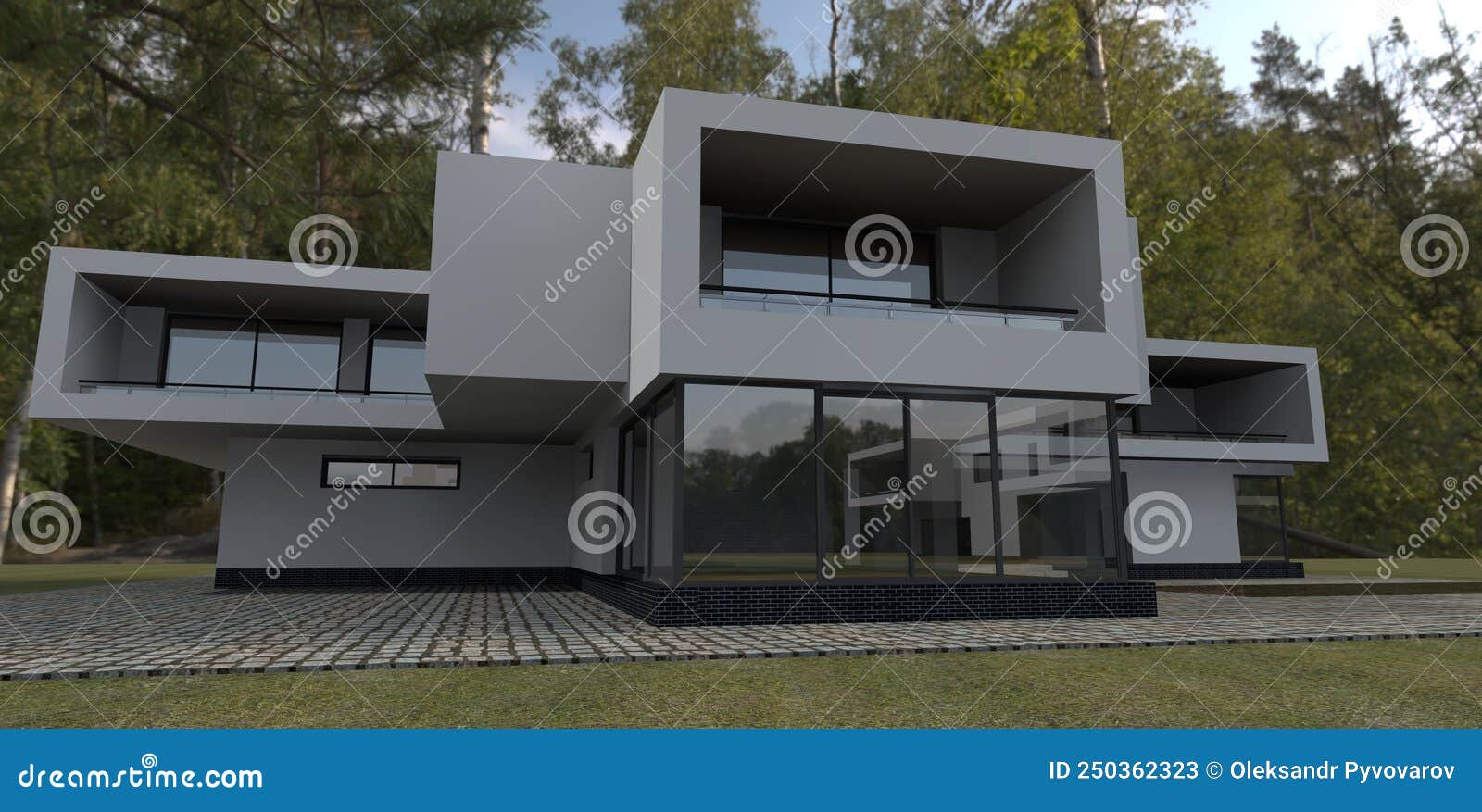 Renderização em 3d de uma casa moderna com fachada escura. casa com janelas  panorâmicas e terraço. tijolo