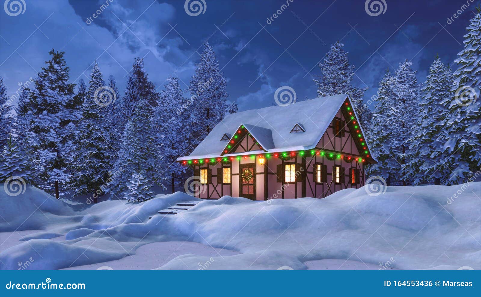 Casa De Nieve Decorada Para Navidad En La Noche De Invierno Stock de  ilustración - Ilustración de campo, soledad: 164553436