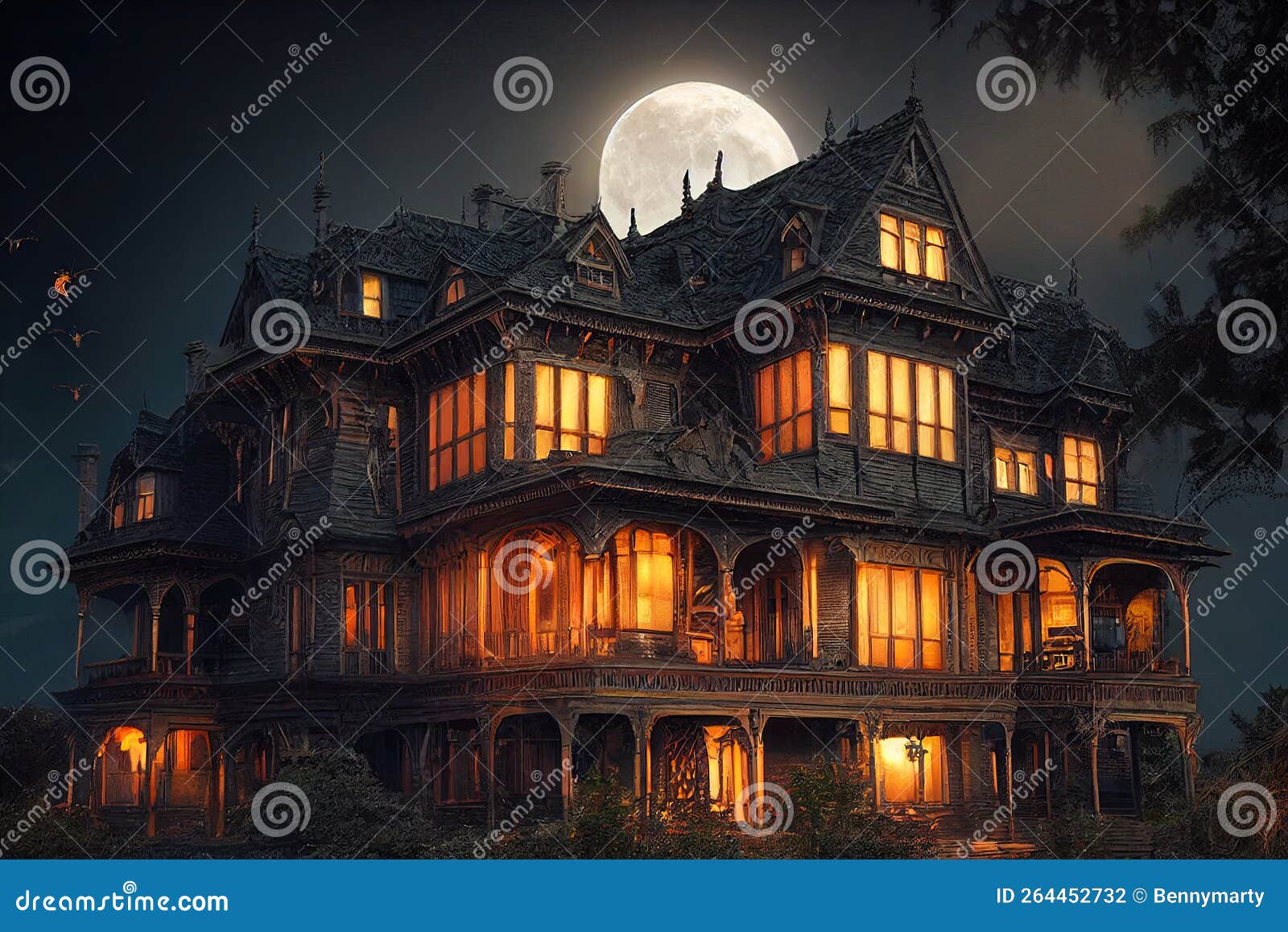 Casa De Terror De Halloween En La Noche Stock de ilustración - Ilustración  de vacaciones, colonial: 264452732