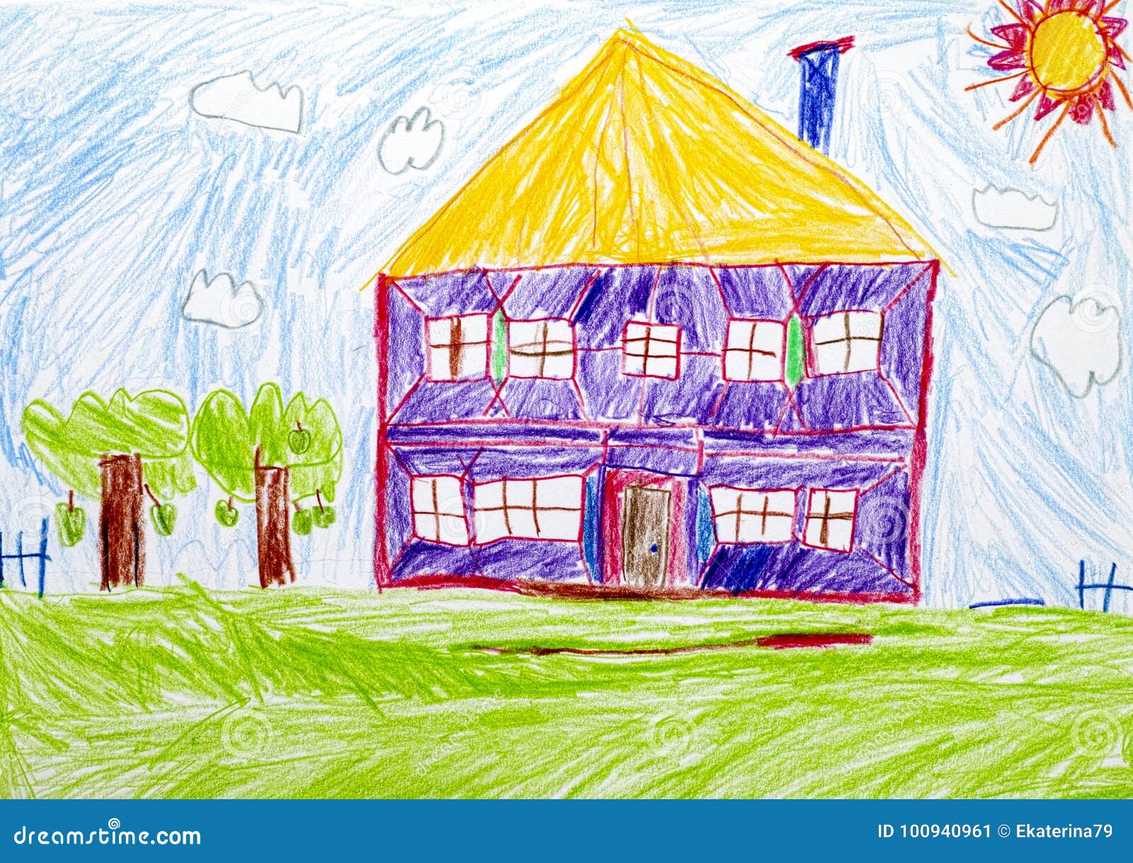 Casa Dibujo De La Mano Del Lápiz Del Niño Stock de ilustración -  Ilustración de amarillo, mano: 100940961