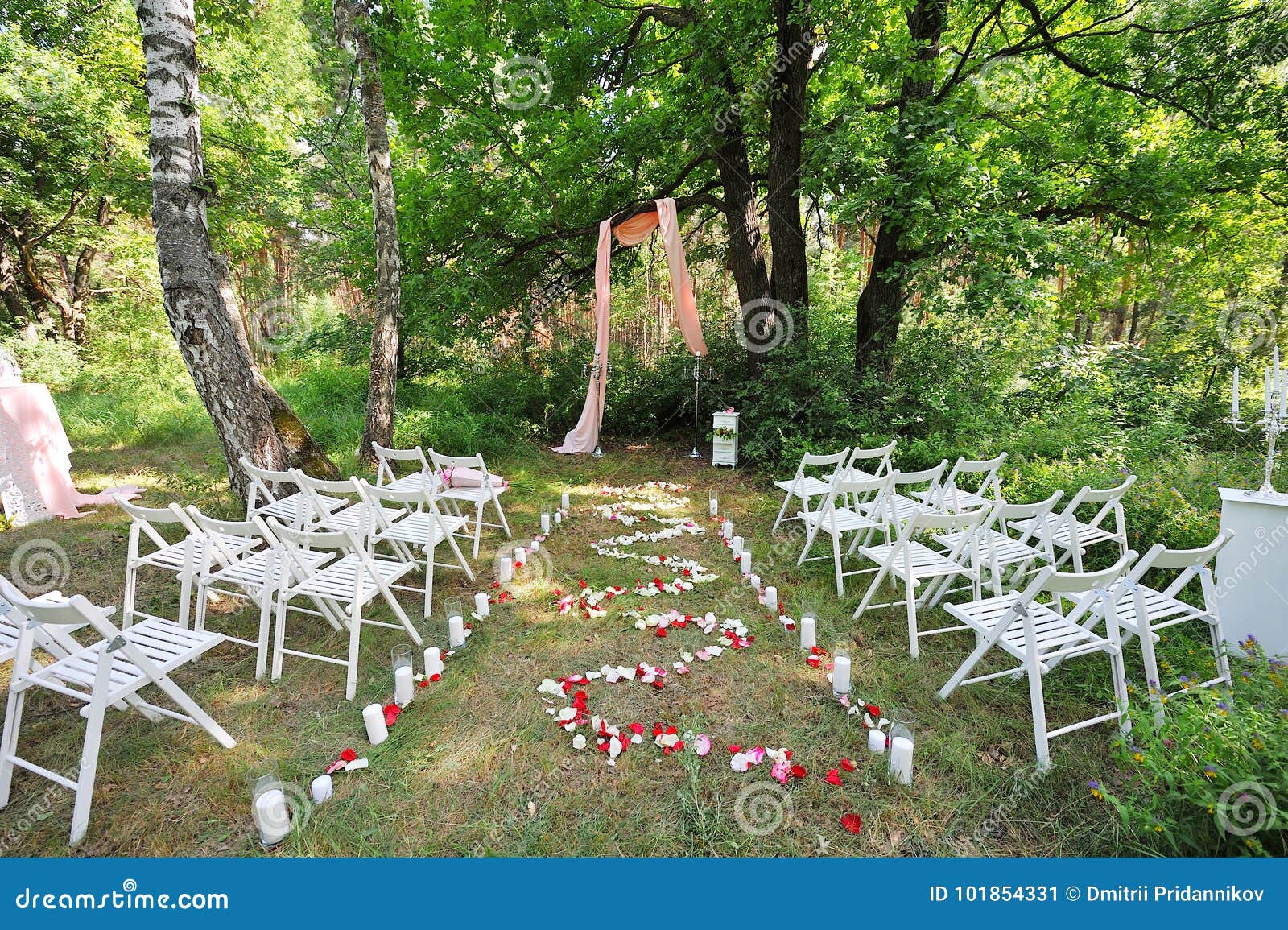 Casarse el registro al aire libre con la decoración en un bosque hermoso