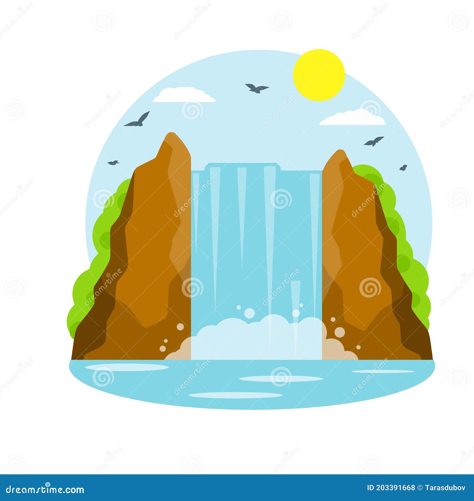 Cascada En La Montaña. Rocas Y Agua. Isla Tropical. Temporada De Verano  Ilustración del Vector - Ilustración de fondo, colorido: 203391668