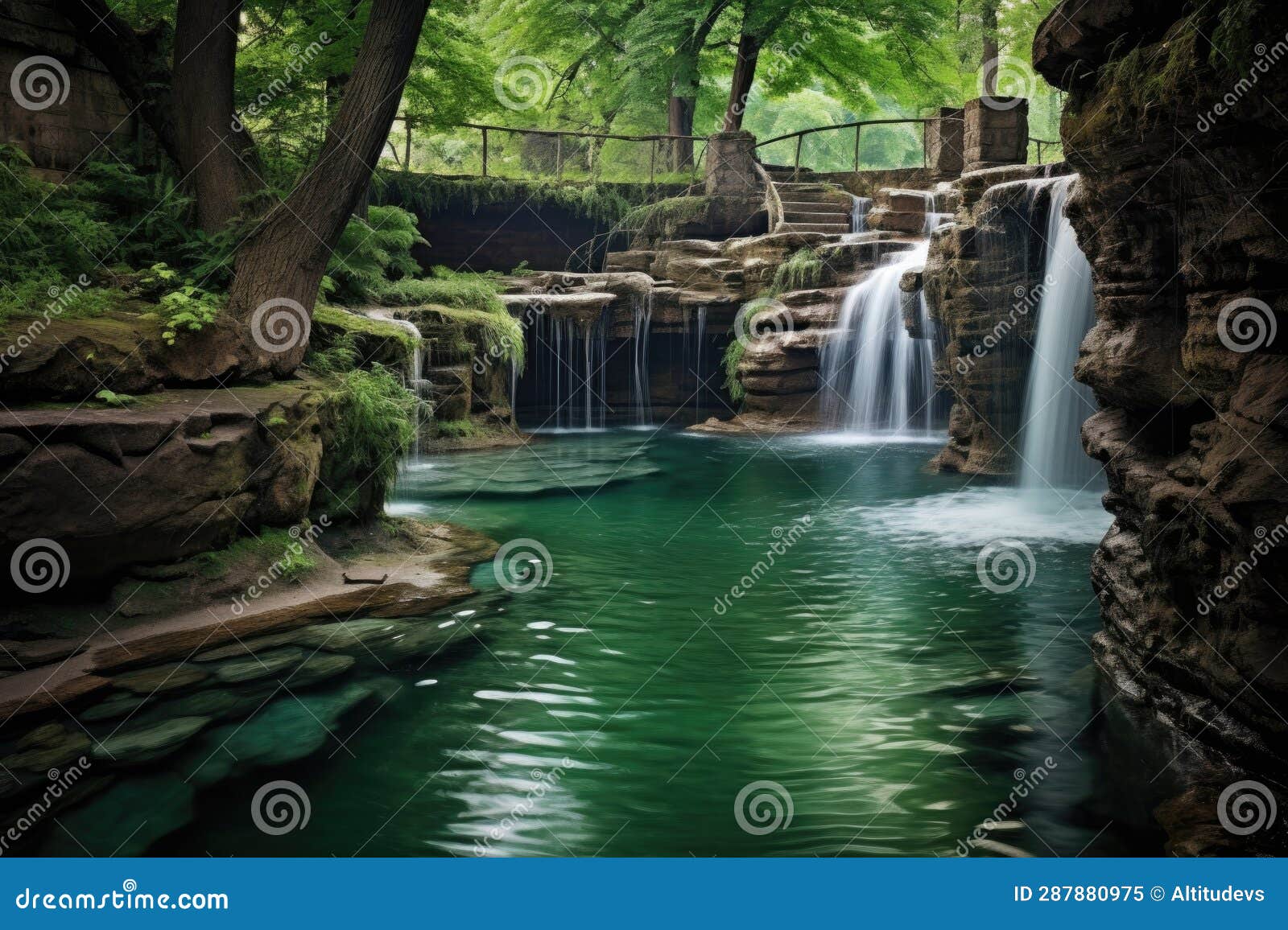 Cascading Waterfall Flowing into a Stunning Natural Swimming Pool Stock
